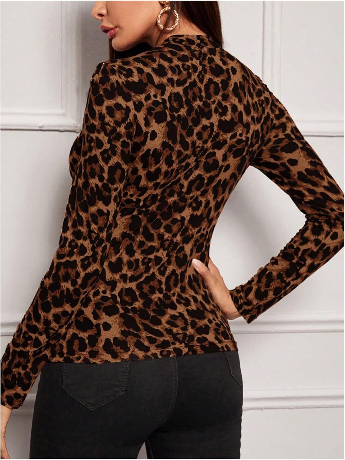 Floerns Women's Long Sleeve Mock Neck Slim Snakeskin T-Shirt Tops - Image 3