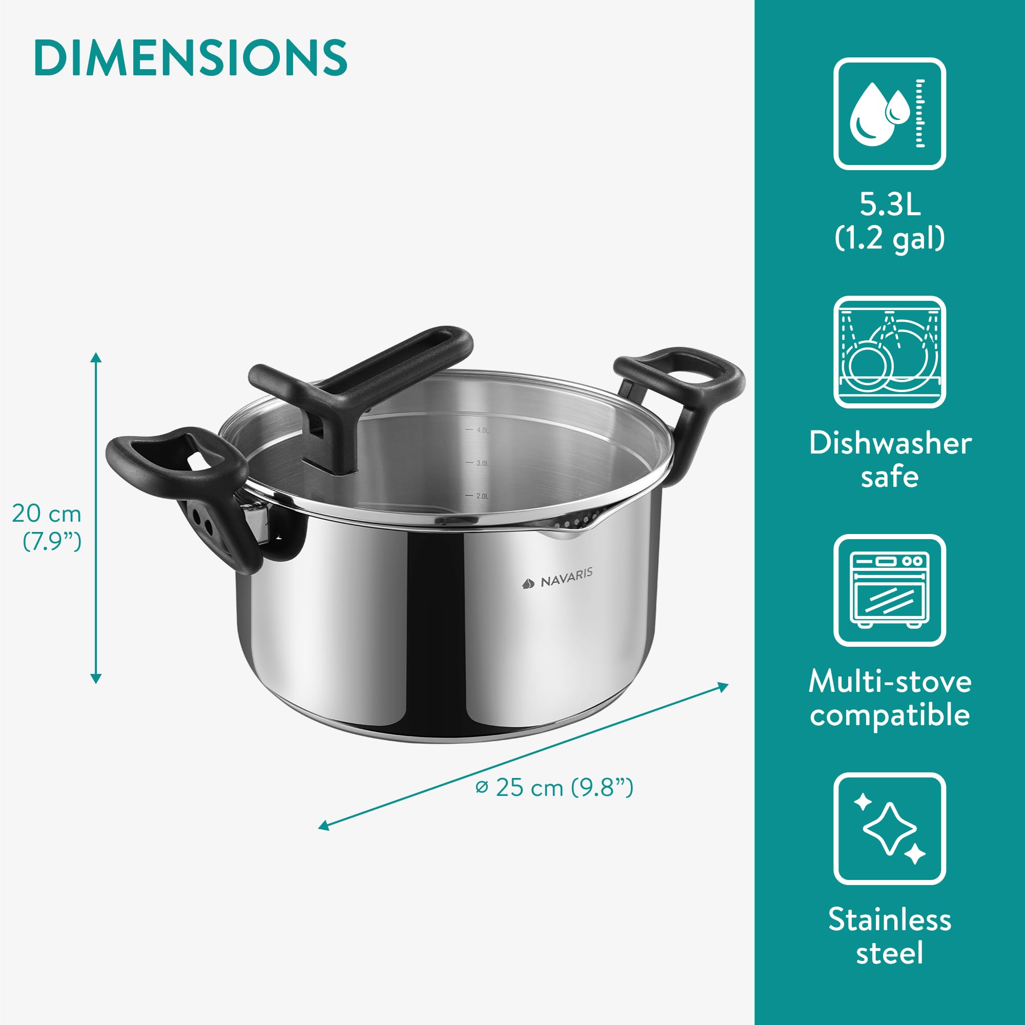 Navaris Pentola per Pasta in Acciaio Inox - Pentolone Induzione Grande - per Diversi Piani di Cottura - per Bollire Pomodori Spaghetti e Brodo - Lavabile in Lavastoviglie - 5,3 L