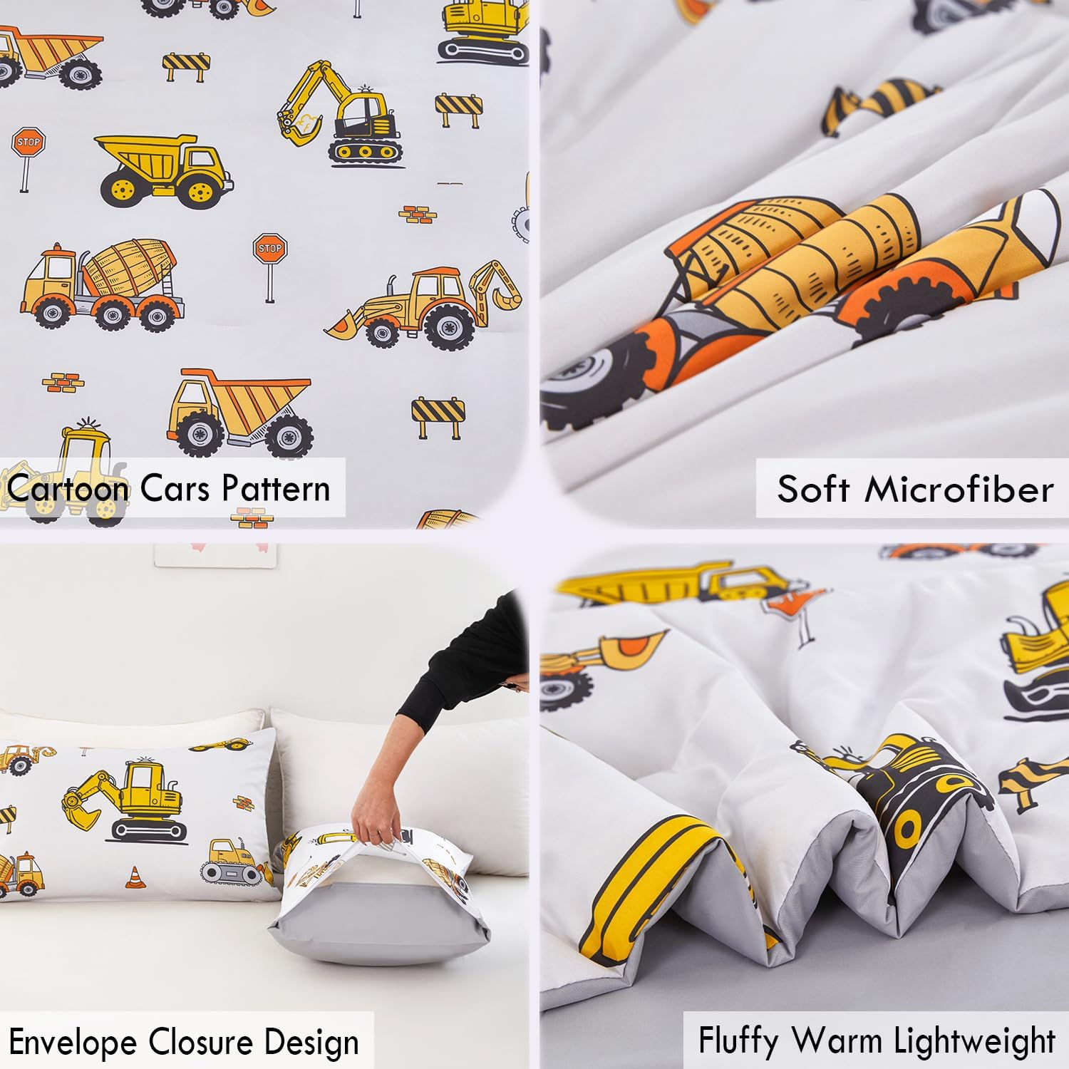 ZRNBAST Construction Twin Bedding Sets for Boys Kids Beige Cartoon Cars Excavator Tractor Comforter Sets 3 Pcs Lightweight Microfiber Truck Bed Set for Bedroom Decoration