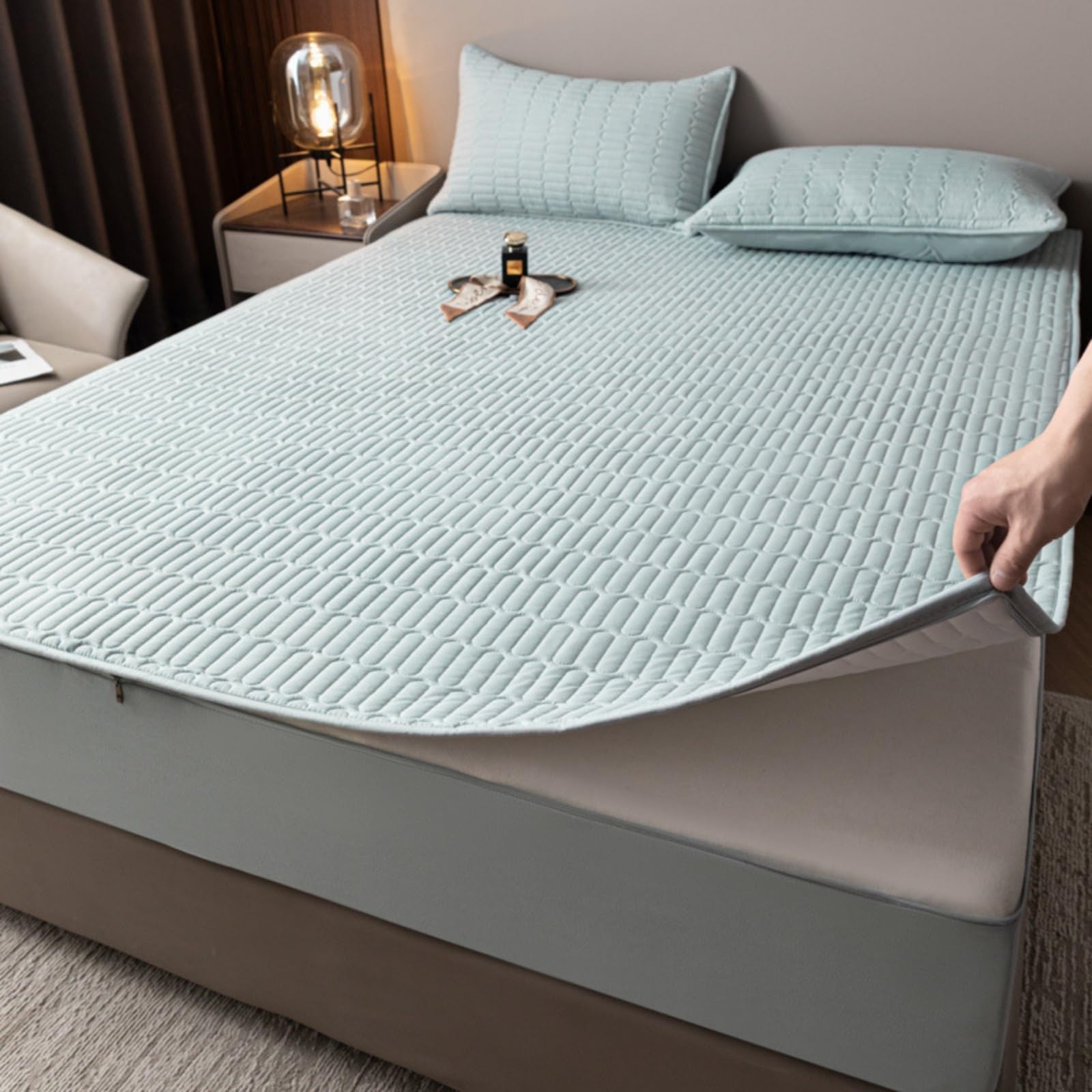 Morbuy Coprimaterasso Singolo Matrimoniale Impermeabile, Coprimaterasso Una Piazza e Mezza Antiacaro con Cerniera Morbida e Traspirante per Materassi Altezza 25cm (180 * 220cm,Blu)