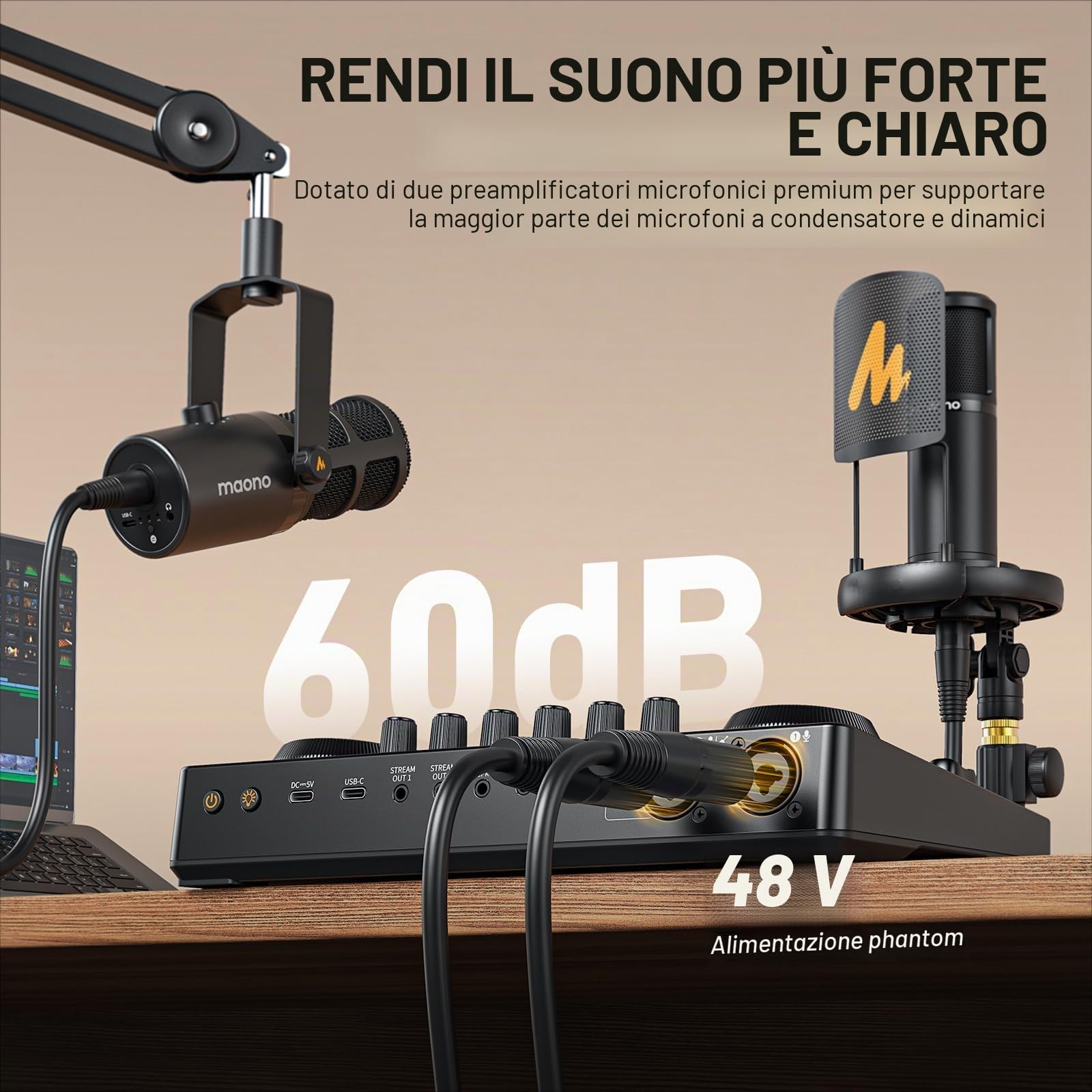 MAONO Pacchetto di apparecchiature podcast: mixer di interfaccia audio con due ingressi XLR per lo streaming di podcast MaonoCaster E2 Gen2