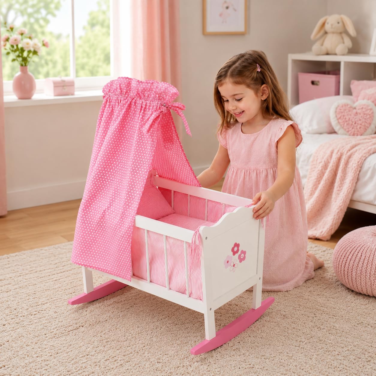 Bayer Chic 2000 - Puppenwiege, Wiege für Puppen, Puppenbett, Puppenmöbel, Puppenzubehör, Fiori, weiß, pink