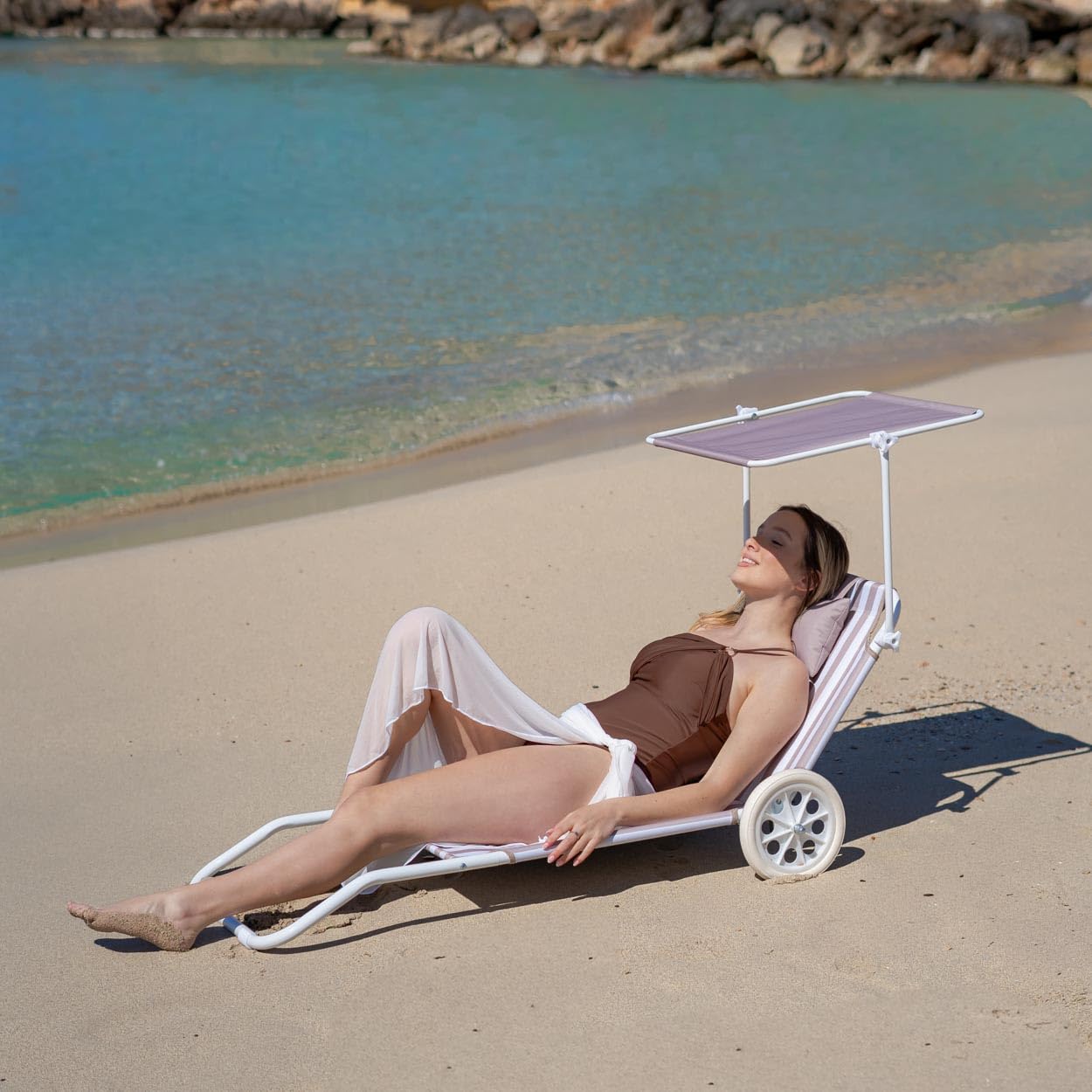 Flamingueo - Pack 2 Sillas Playa - Tumbona Plegable - 5 Posiciones - Parasol Ajustable UPF 50+ - Almohada Ergonómica - Convertible en Carrito de Transporte