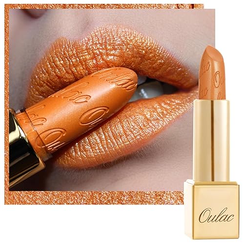Oulac Lápiz labial naranja metálico para mujer, color labial de alto impacto, ligero, suave e hidratante, vegano y libre de crueldad, maquillaje de