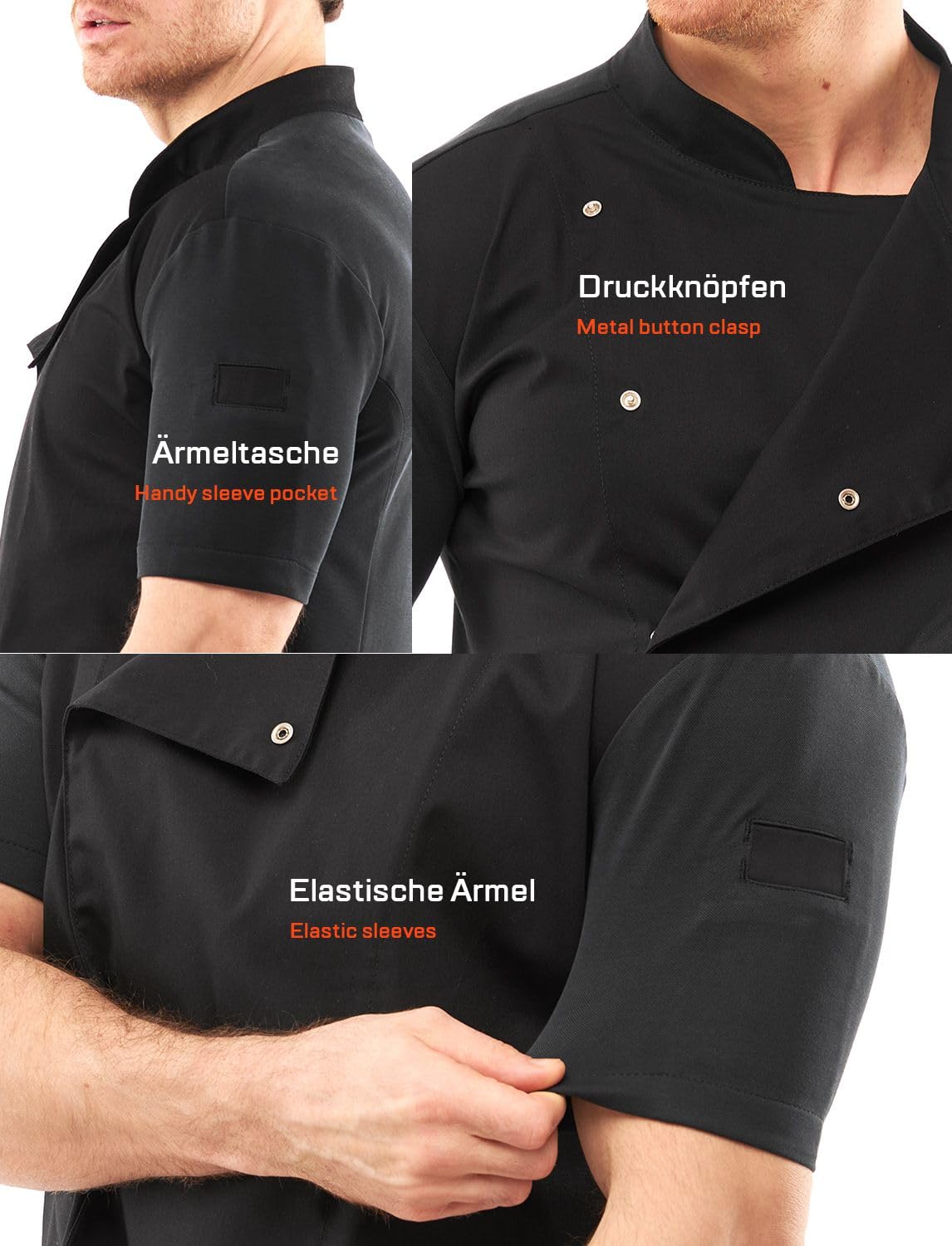 strongAnt Kochjacke Herren Kurzarm mit Druckknöpfen, Slim Fit, Stretch BW, Sommer Chef Uniform Jacket, Bäckerjacke - Modal - Schwarz, Größe: XS