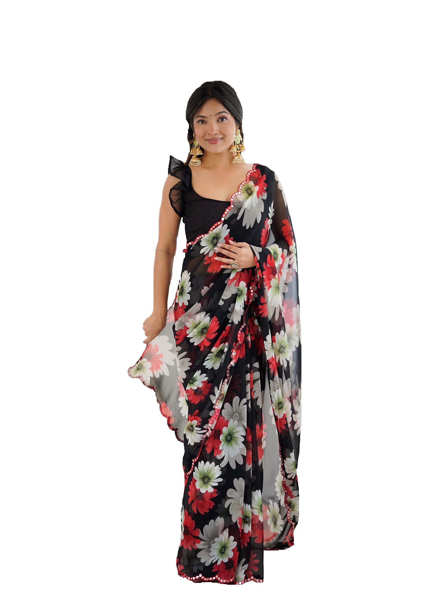RAJESHWAR FASHION WITH RF Women's Scalloped Border | Georgette Saree | Scalloping Border Mirror Work Embroidery Saree With Unstitched Blouse Piece