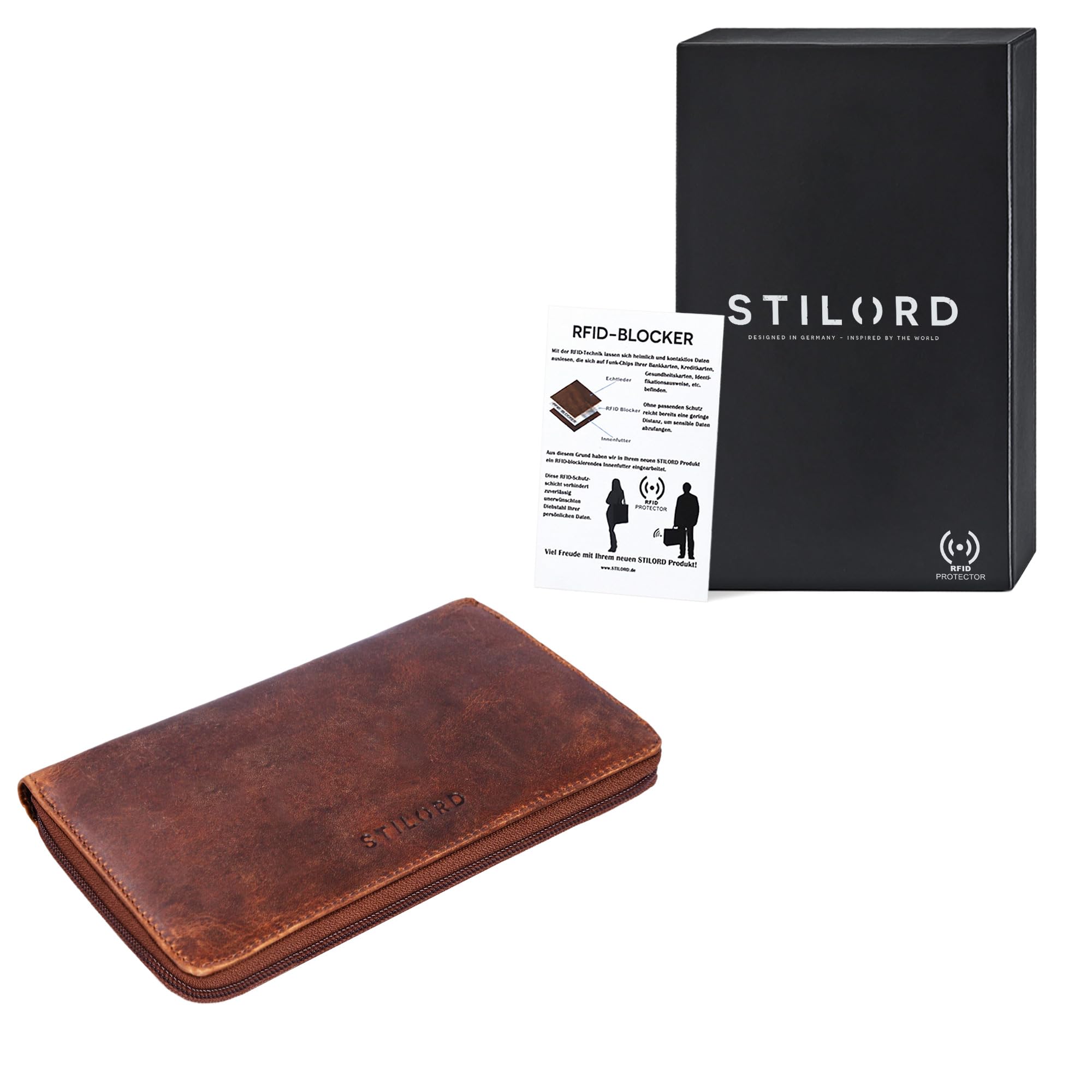 STILORD "Emilia" Damski portfel elegancki klasyczny Skórzany portfel z zabezpieczeniem RFID i NFC - w eleganckim czarnym pudełku upominkowym Kolor:kara - koniak