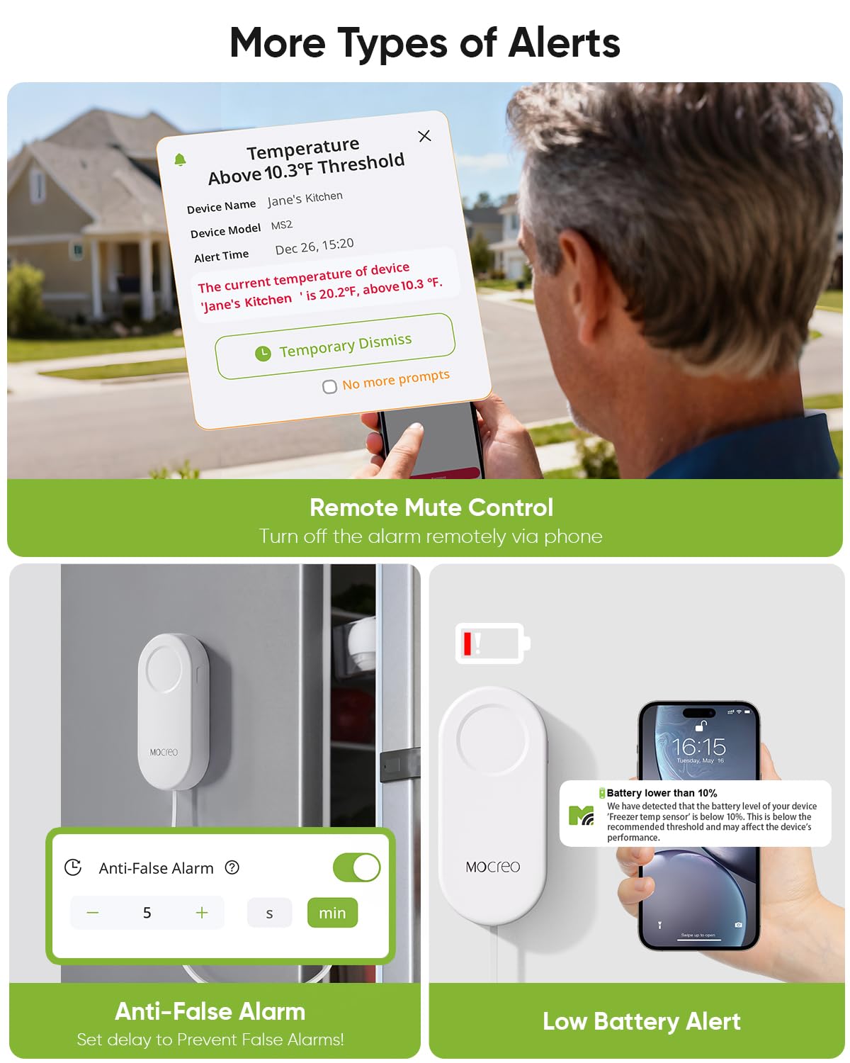 MOCREO Termometro WiFi allarme congelatore, avviso e-mail, notifica app, esportazione record dati, senza costi di abbonamento, sensore di temperatura wireless remoto per frigorifero, congelatore,