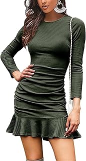 Las mujeres de punto vestidos cortos tops cuello redondo manga larga plisado apretado vestido blusa