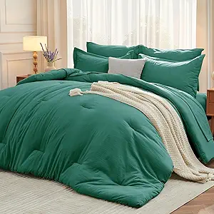 MUXHOMO 5 Pieces Twin Comforter Set, Soft Bed in a Bag Twin Size, All Season Bedding Set with Comforter, Flat Sheet, Fitted Sheet, Pillowcases & Shams, Emerald Green