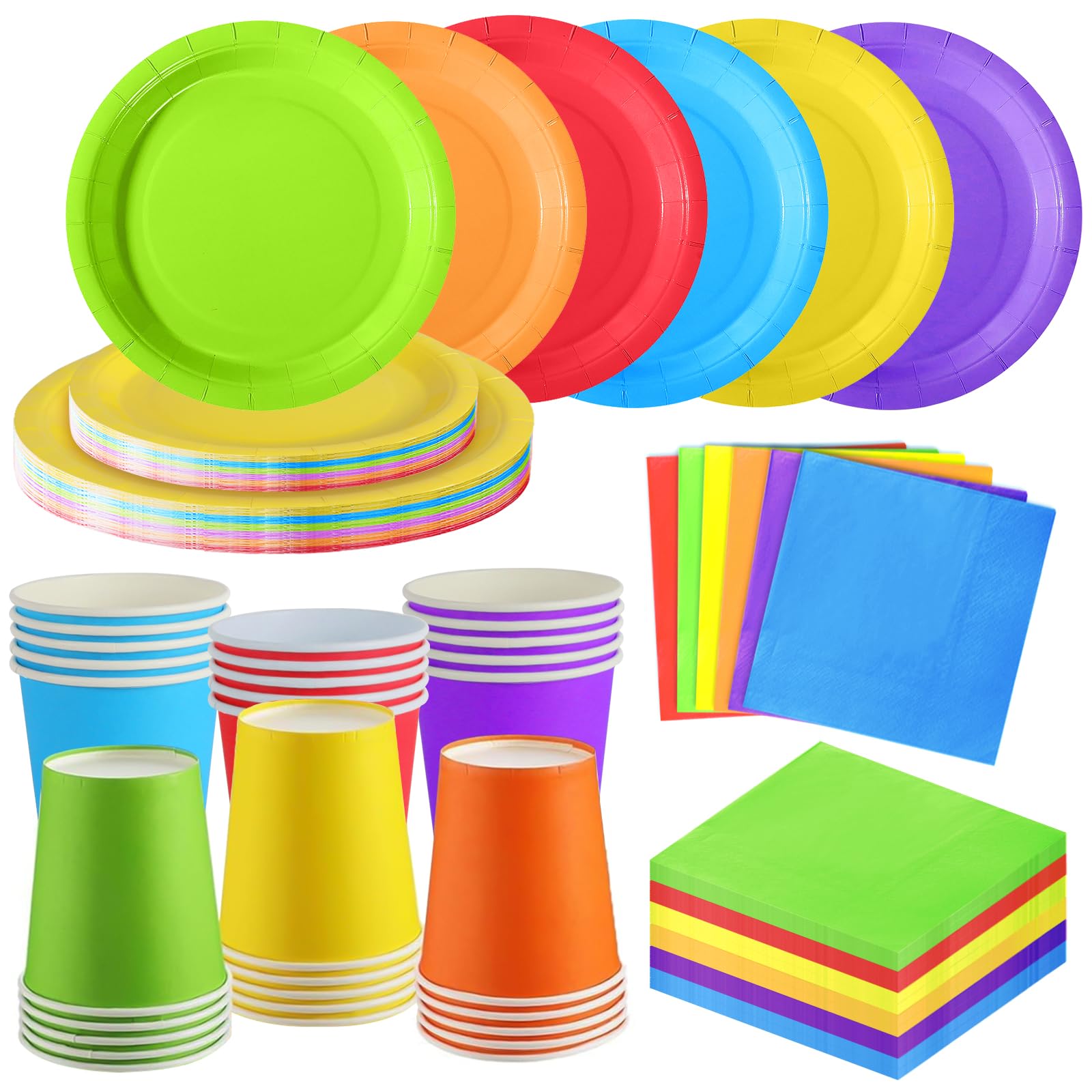 ZblPyro Colorful Rainbow Party Tableware Set for 30 Guests | 120pcs Dual-Size Complete Set with 9" & 7" Round Plates, Cups & Napkins | Ideal for Kids Party Buffet, Catering, Nursery & Pride Event — image 1