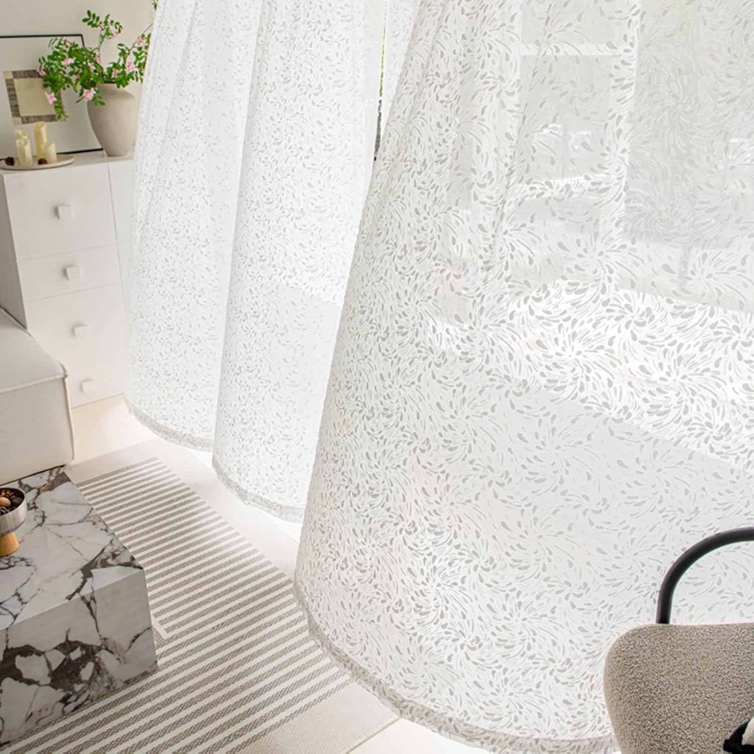 Daesar Window Curtains 2 Panel Sets 96 Inch Length, Eyelet Tulle Curtains 3D Velvet Fireworks Pattern Sheer Drapes Window Treatment for Home, Office, Bedroom Living Room, 42x96 Inch White