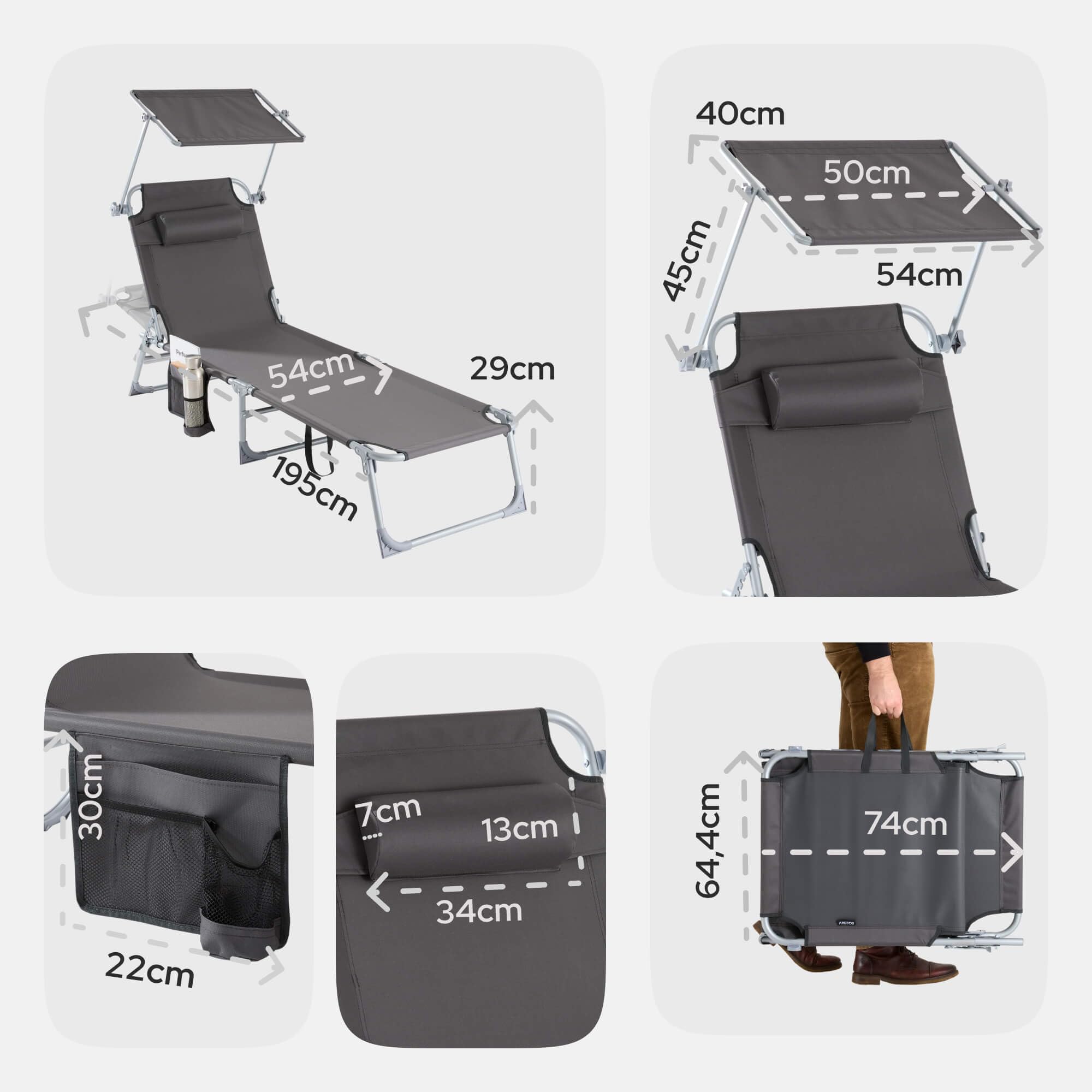Arebos Sonnenliege 2er Set & Liegestuhl klappbar mit Sonnendach | 2 Gartenliegen & Campingliegen | Kopfkissen & Seitentasche | 4-Fach verstellbar | Relaxliegen faltbar | bis 120 kg | Anthrazit