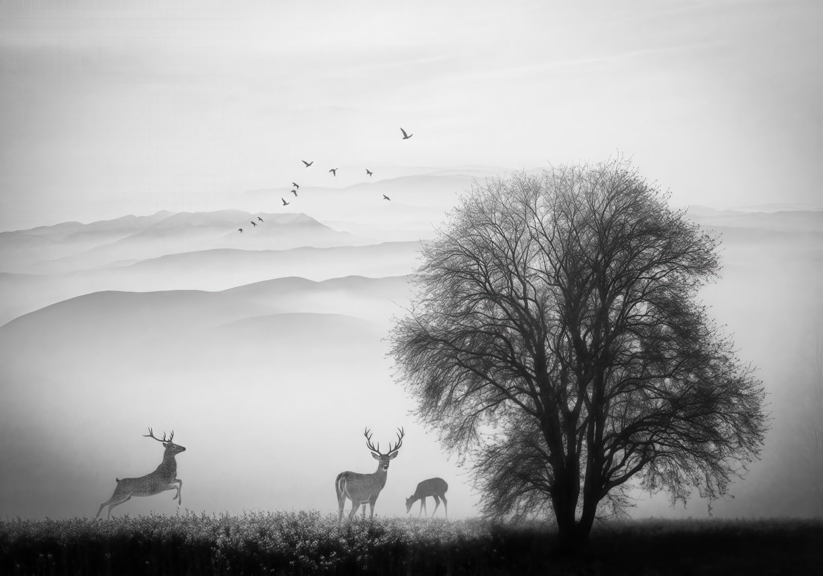 Papier peint panoramique 3D au design minimaliste noir et blanc avec élan et grand arbre