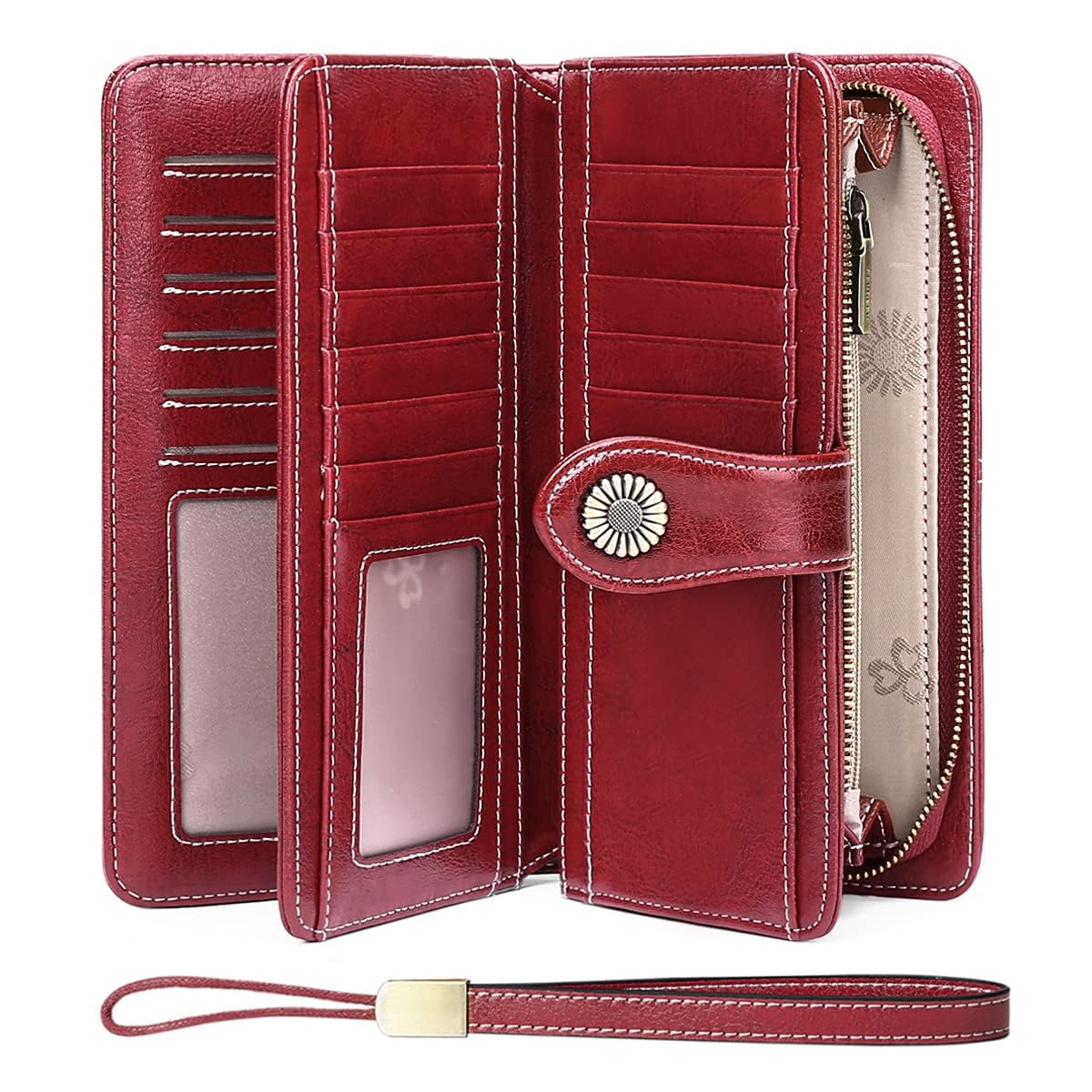 Genuine Leather Purses for Women, RFID Large Ladies Purse, Wallet for Women with Wrist Strap Wine Red