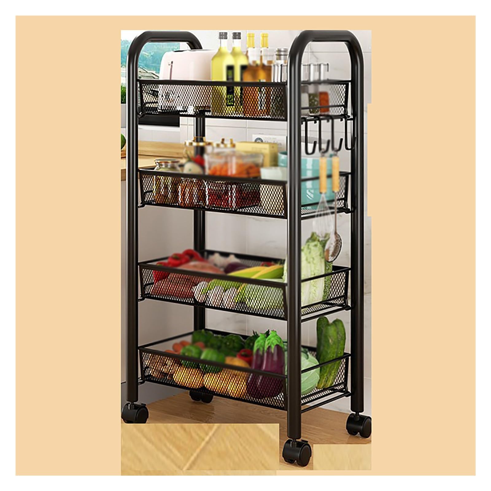 METTEOR Snack Storage Rack,4-Tier Fruit Basket Organizer and Storage Cart, Vegetables Bread Produce Display Stand on Wheels for Kitchen Living room Closet Store (Black 44 * 27 * 84CM)