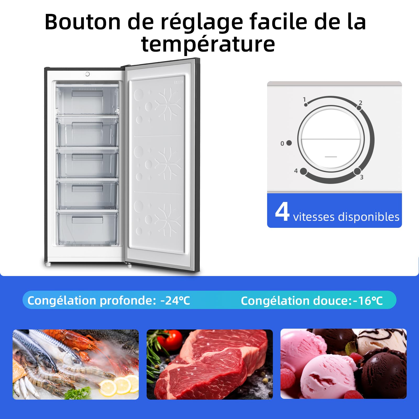 CHiQ Congélateur Armoire 145L Congélation Rapide Thermostat Réglable Silencieux Porte Réversible Noir Classe Énergétique E