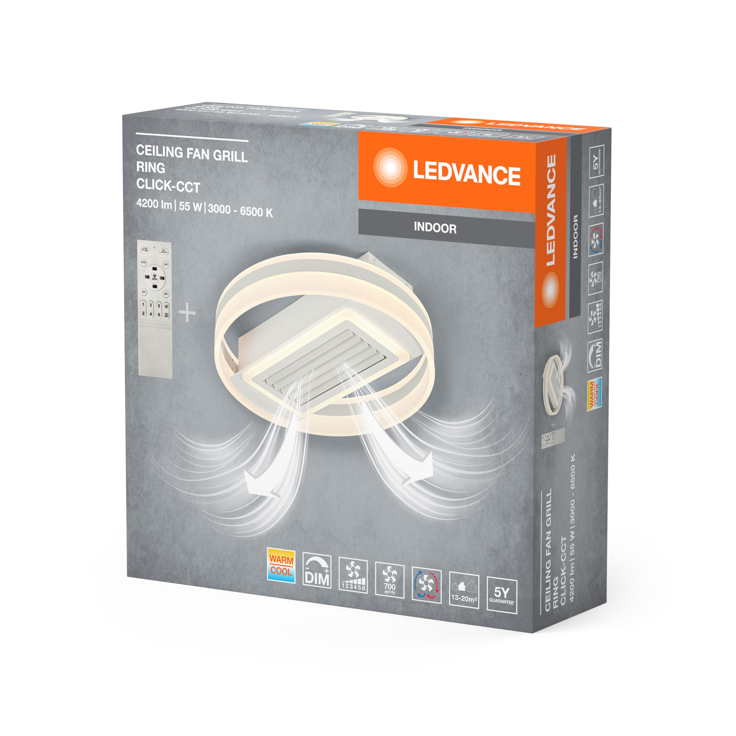 LEDVANCE Plafón/ventilador en forma de anillo; 55W; CCT; IP20 para uso | , Ceiling Fans with Lighting, 500.00 Millimetres dia, 30000 Hours, Paquete de 1