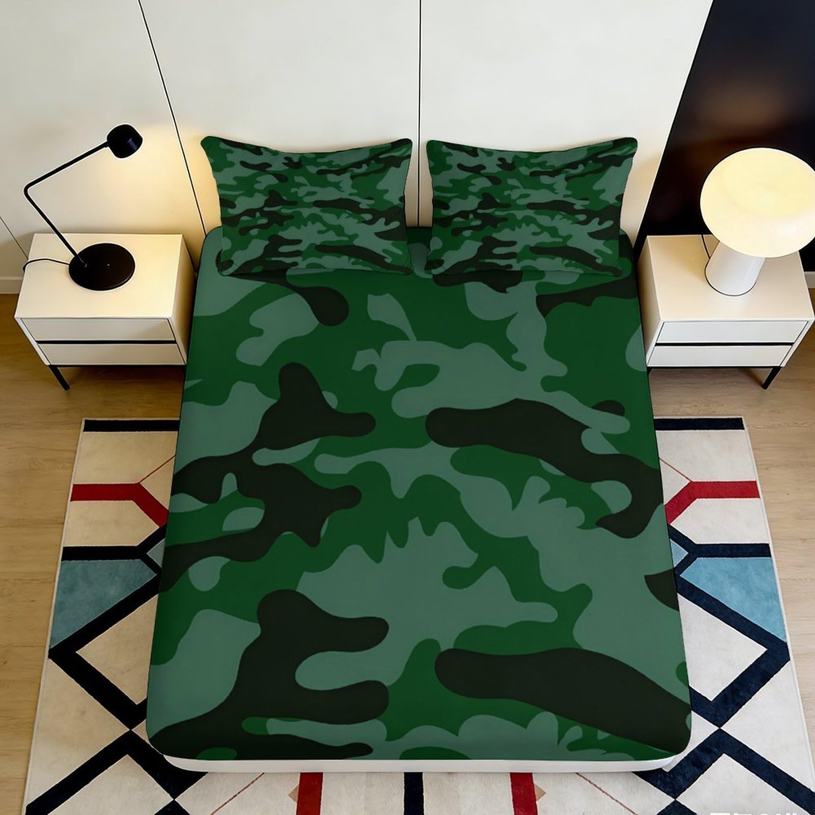 3D Printed Camouflage Fitted Sheet Microfiber Soft Green Camo Bed Cover for Bedroom Guest Room Mattress Protection 90x200x25cm