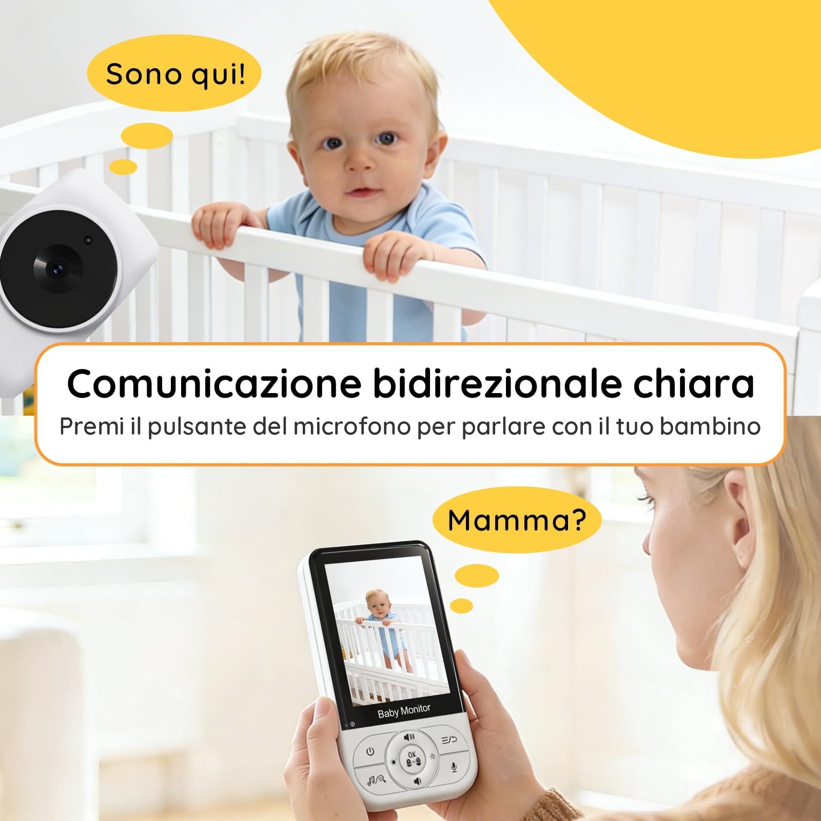 Babystar Babyphone con fotocamera, video da 3.2 pollici, visione notturna, monitoraggio della temperatura, modulo VOX a due vie, baby monitor da 2,4 GHz