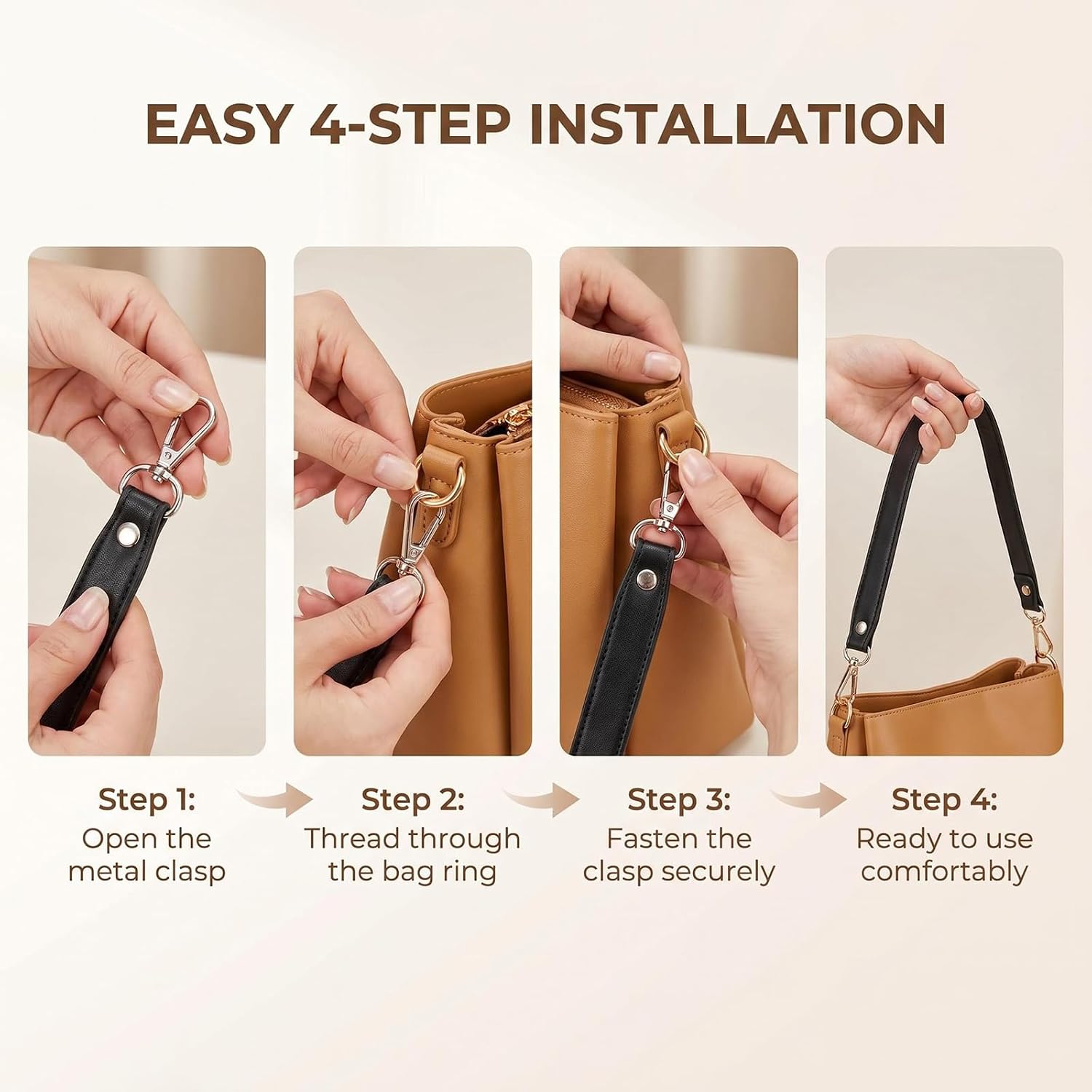 2 Pack Leather Key Leash for Purse & Wristlet Strap Replacement, Dual Clip Key Holder Strap, Black Silver & Brown Gold Clasps for Handbags, Wallets, Keys & Daily Use