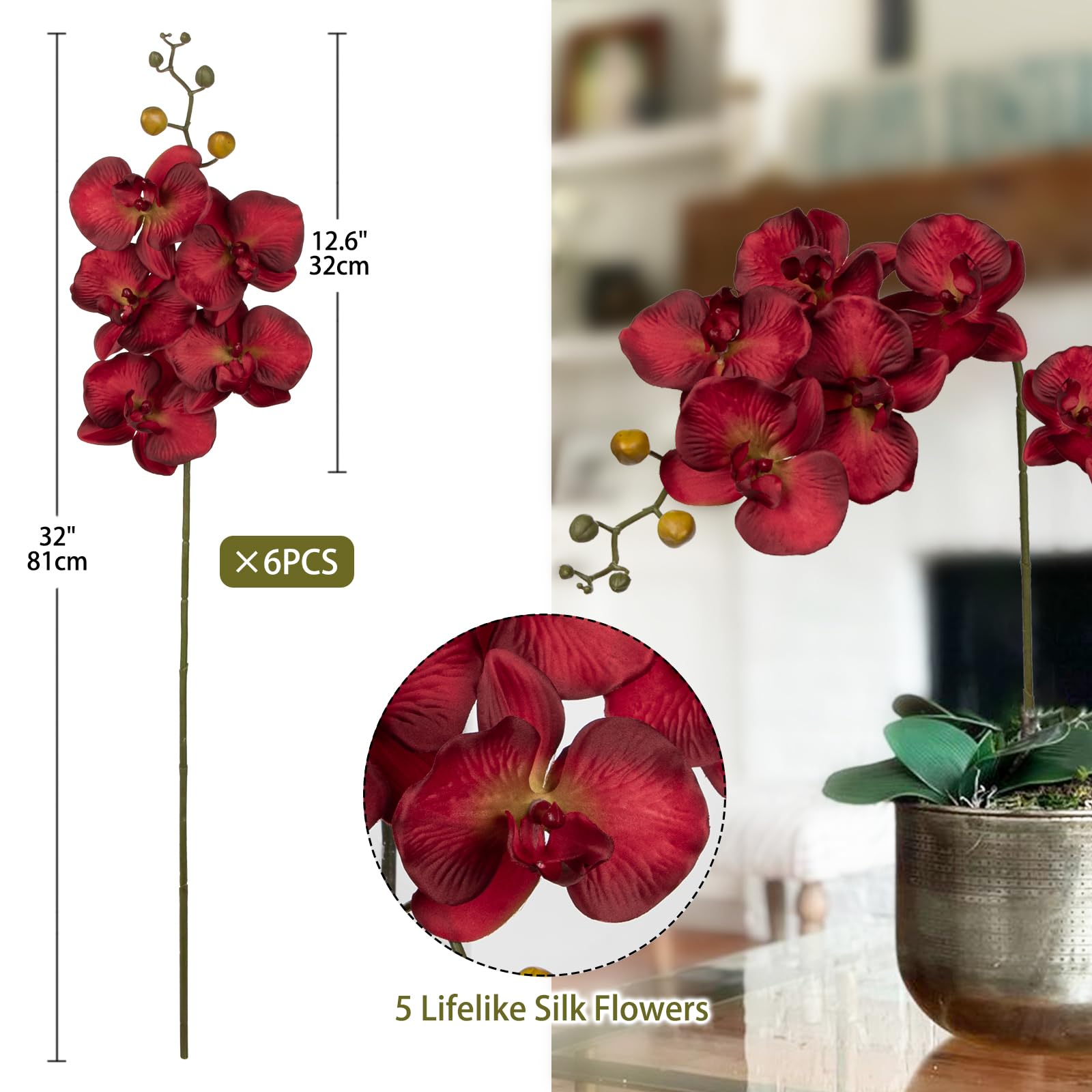 Oairse 6er-Set Kunstpflanze Orchideen Kunstblume Orchideenzweig Phalaenopsis Orchidee Künstlich Seidenblume für Zimmerpflanze Party, Büro, Terrasse, Heim-Blumendekoration, Lang 81cm