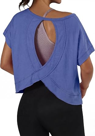 GRECERELLE Women's Open Back Workout Tops Backless Athletic Shirts Casual Crop Running Tee Y2k Yoga