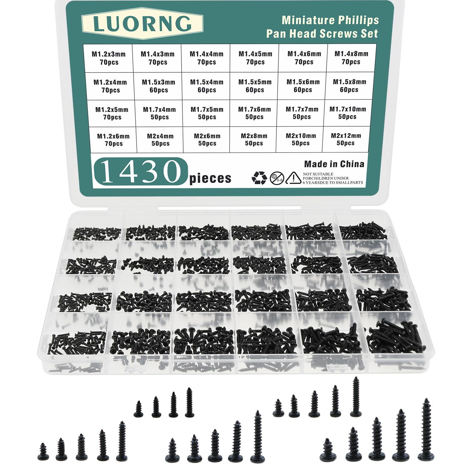 LUORNG 1430PCS M1.2 M1.4 M1.5 M1.7 M2 Black Carbon Steel Miniature Phillips Pan Head Screws Set for Electronics Repair