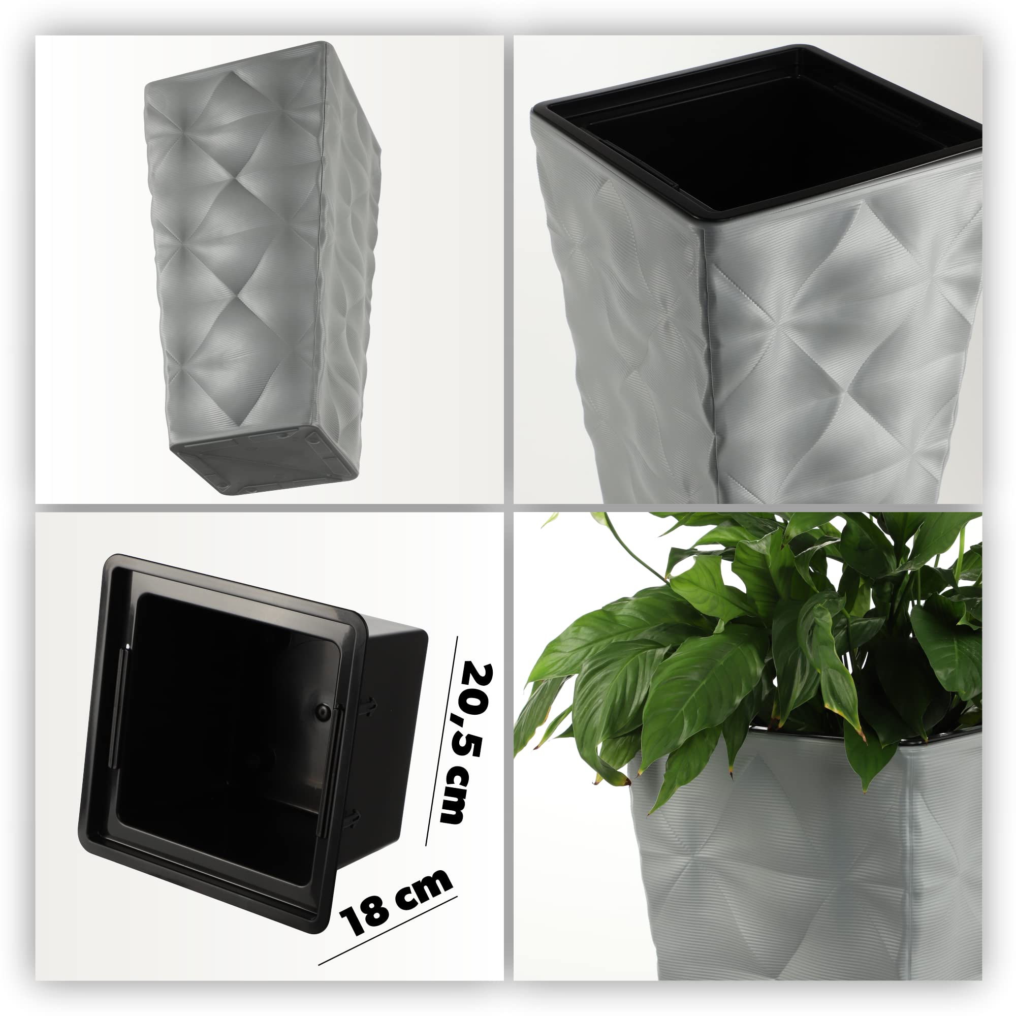 KADAX Pot de fleurs avec effet 3D, bac à fleurs en plastique en 4 couleurs, bac à plantes avec insert et poignées pratiques, pot en plastique, pot pour plantes d'extérieur (gris hauteur : 55,5 cm)