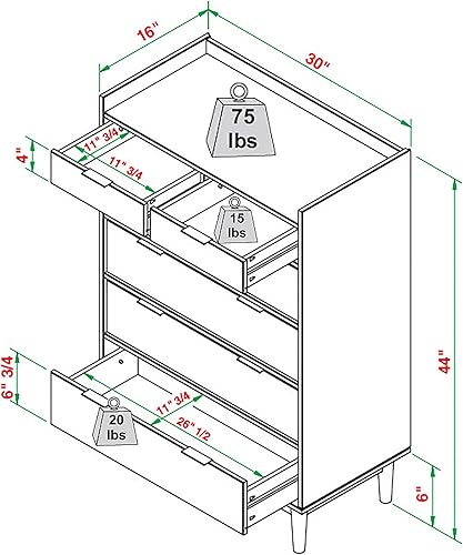 Miniatura 2 de Walker Edison Blythe Mid-Century - Cómoda moderna de madera maciza con 6 cajones, 30 pulgadas, color negro