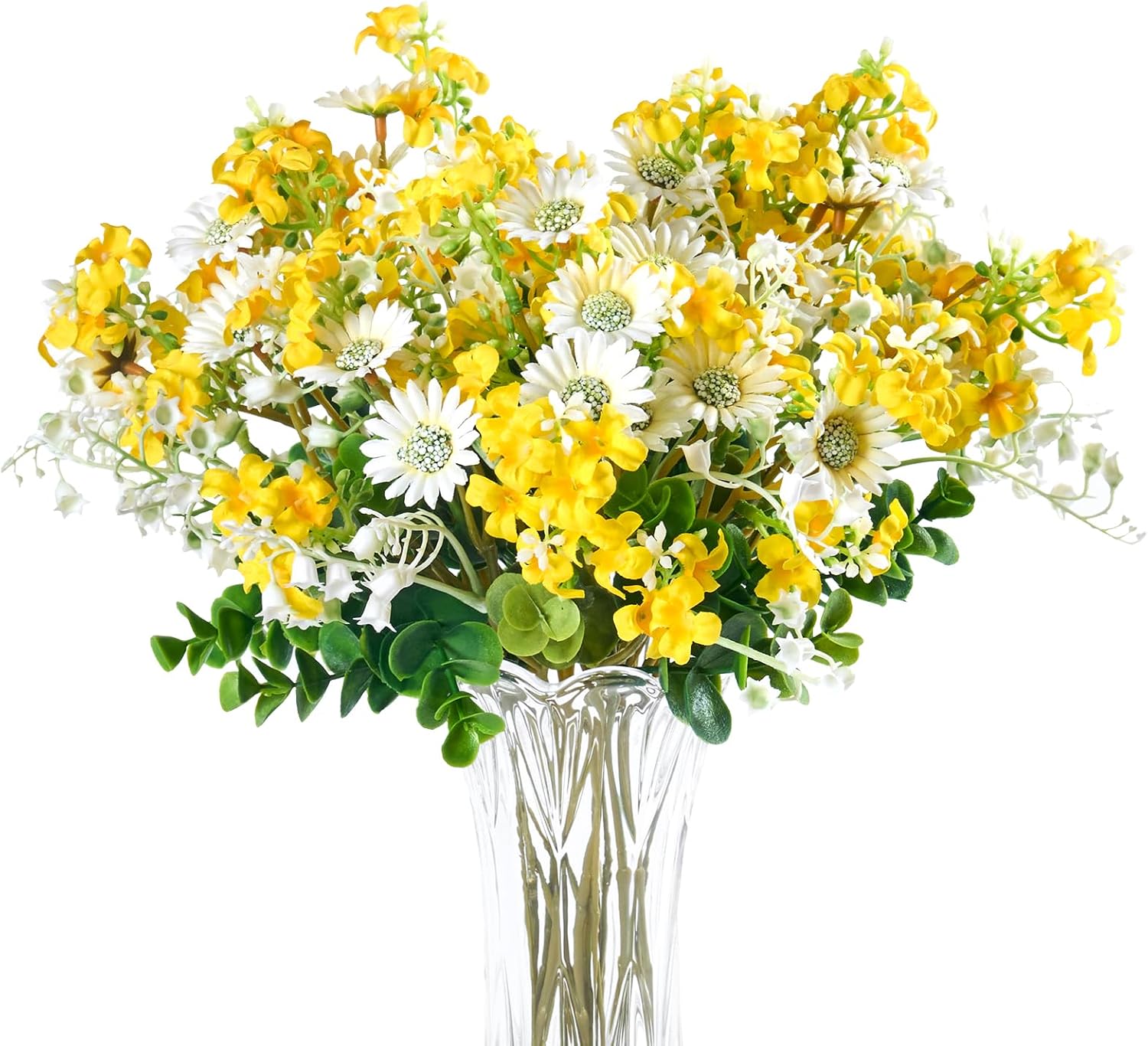 Artificial Daisies Lilac Wildflowers Yellow and White Artificial Flowers,12pcs Spring Summer Flowers for Outdoor Garden Indoor Vase, 14" Faux Wildflowers Bundles for Home Decor with Lily of The Valley
