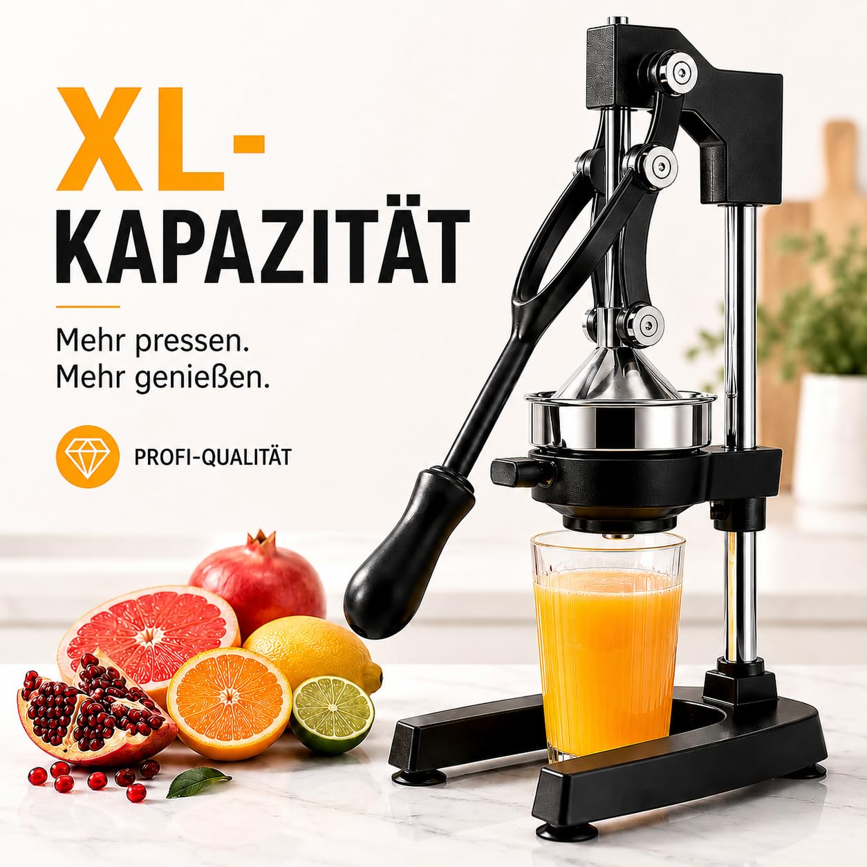 Manuelle Saftpresse Edelstahl 304, 48 cm, mit 2 Pressaufsätzen | Für Orangen, Zitronen, Granatäpfel, Apfel- und Birnenstücke; hoher Auslauf für Becher, stabile Saugfüße