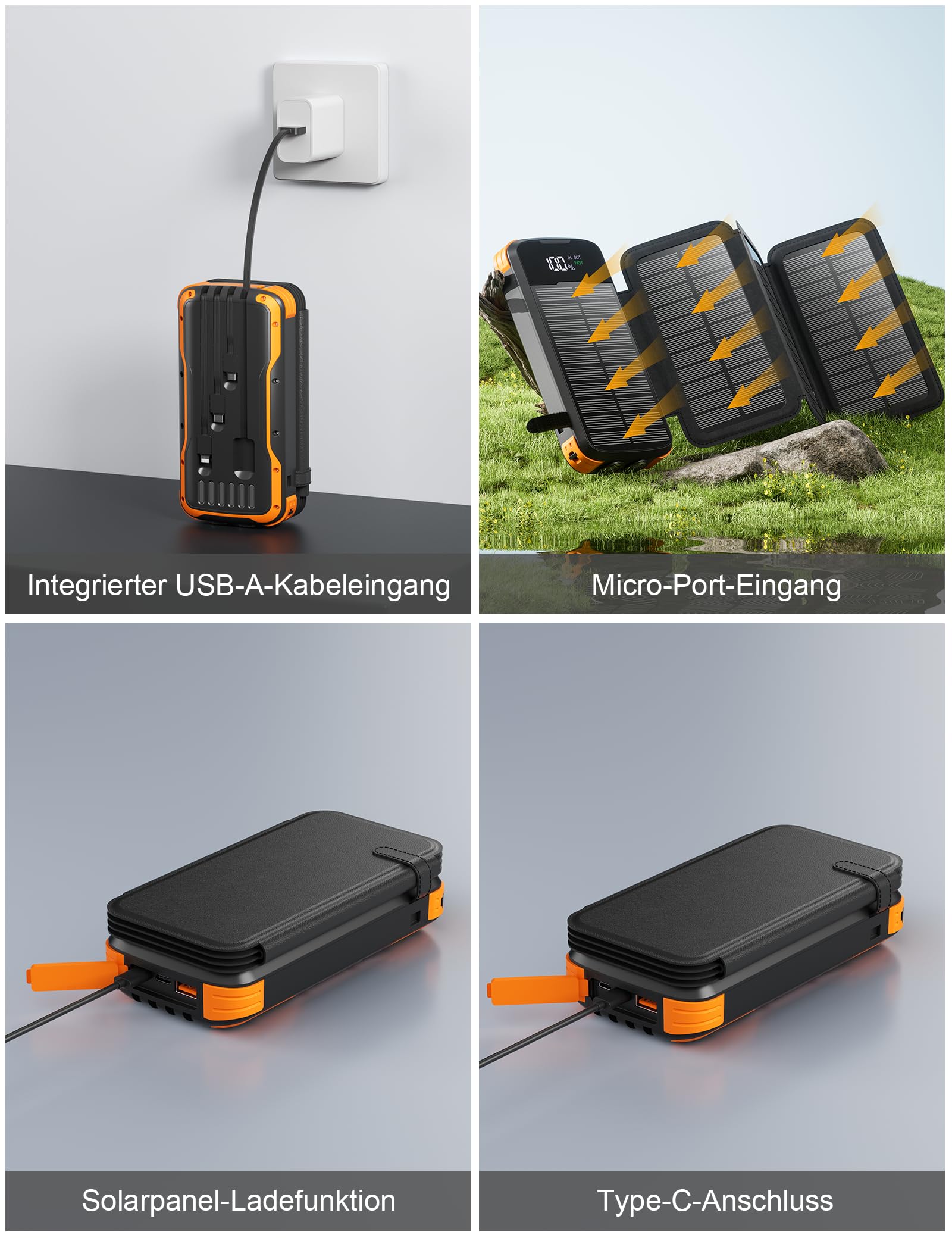 Solaire Power Bank 20000mAh, Chargeur Portable avec 4 Panneaux Solaire, 4 Câbles, Banque d'Énergie Solaire USB C avec Batterie Externe et 2 Lumières de Poche LED, pour Smartphones, Tablettes (Orange)