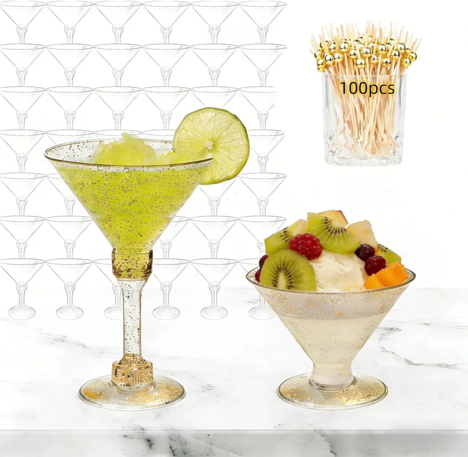 JYFLZQ 60 Pack Plastic Martini Glasses with 100pcs Cocktail Picks, 5oz Disposable Unbreakable Cocktail Cups, Tall Stemmed & Stemless Detachable Margarita Glasses for All Parties(Clear)