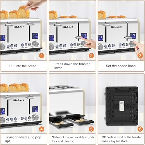 Miniatura 5 de Tostadora de acero inoxidable con temporizador LCD, ranuras extra anchas, pantalla doble, bandeja de extracción de migas (crema)