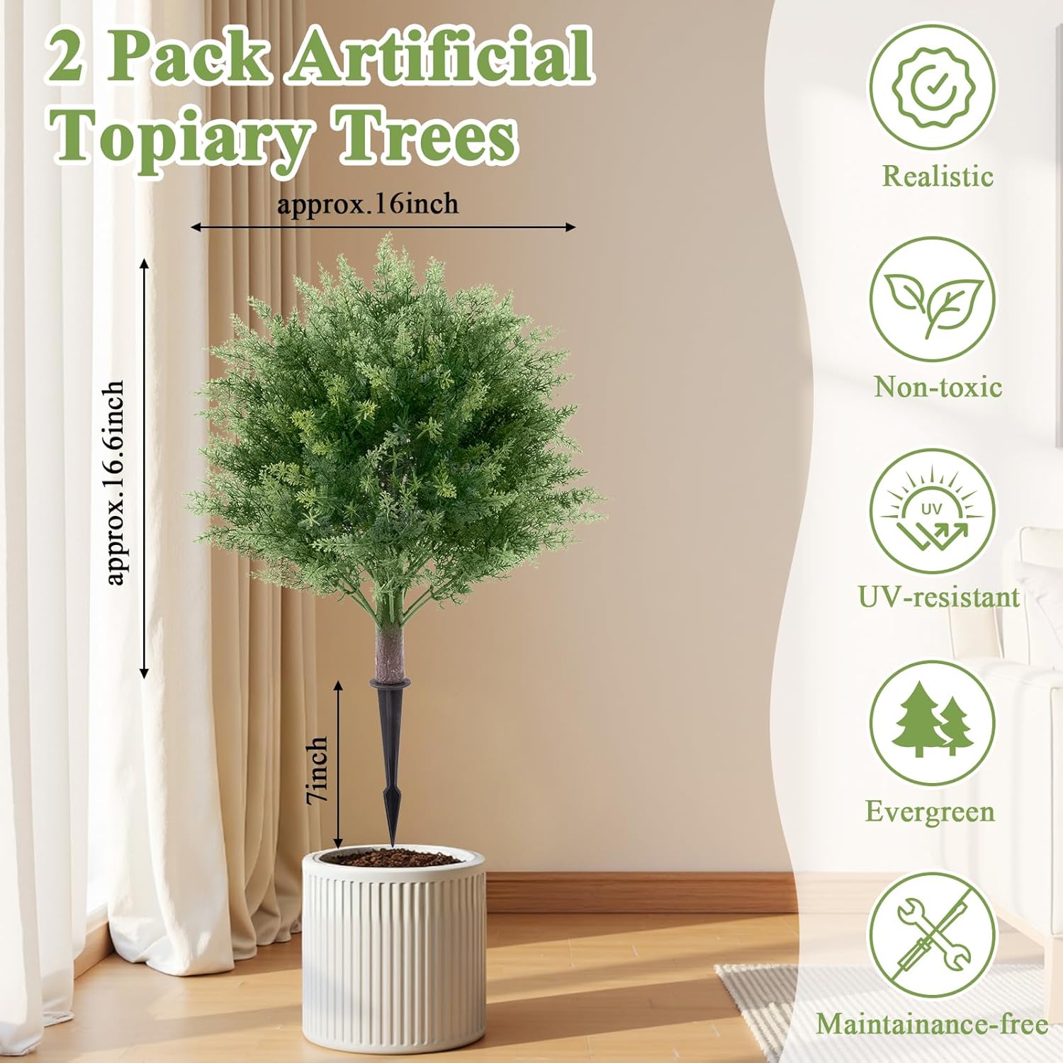 Topotdor 23.6" Cypress Topiary Trees Artificial Outdoor Faux Plants, 2 Pack Boxwood Ball Tree UV Resistant Fake Shrubs Bushes with Spike for Indoor Outside Front Porch Home Garden Decor