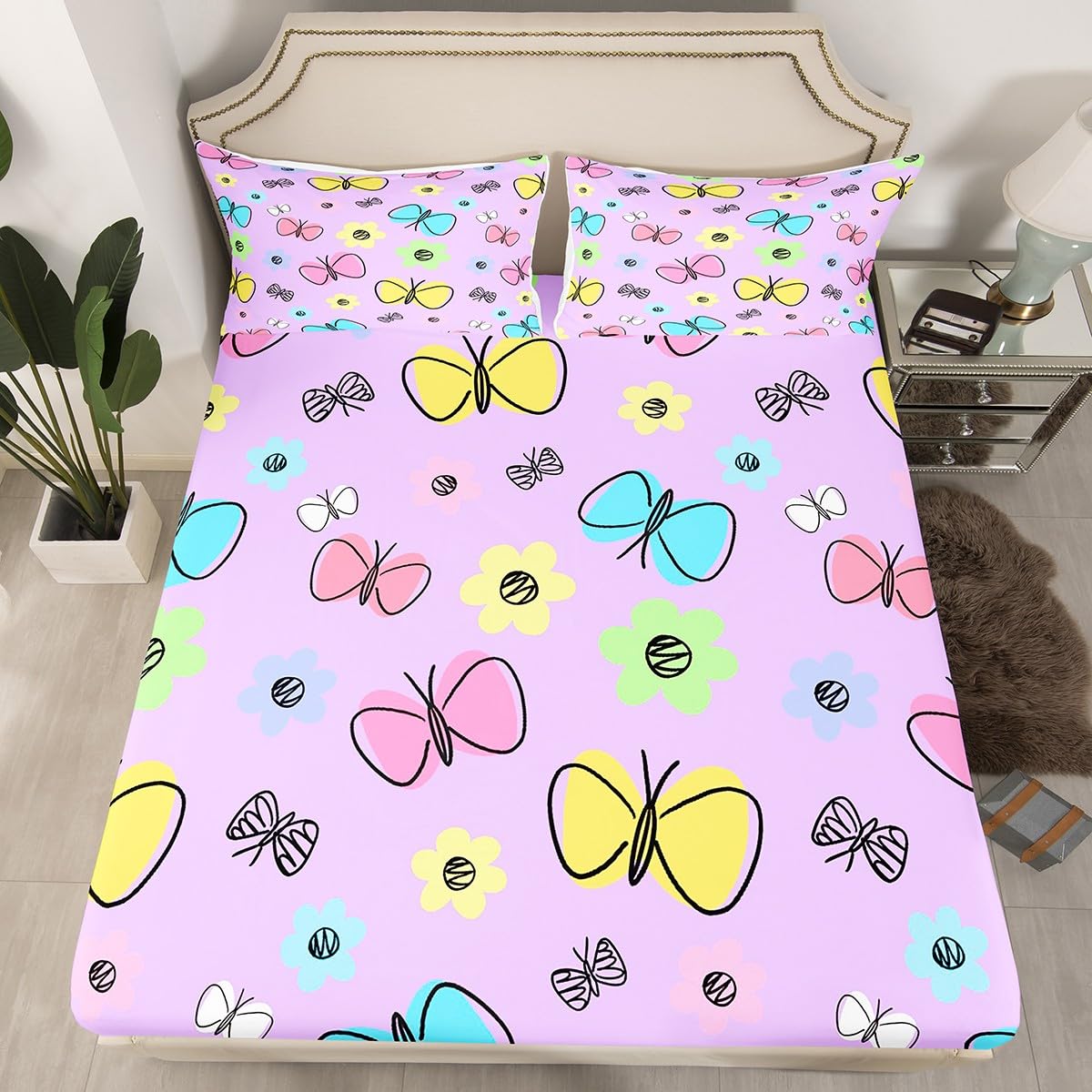 Purple Butterfly Fitted Sheet Twin Size,Cute Animals Bedding Sets for Kids Girls Boys Teens Adult Room Decor,Summer Colorful Floral Bed Sheets Sweet Princess Style Deep Pocket Sheet,1 Pillowcase