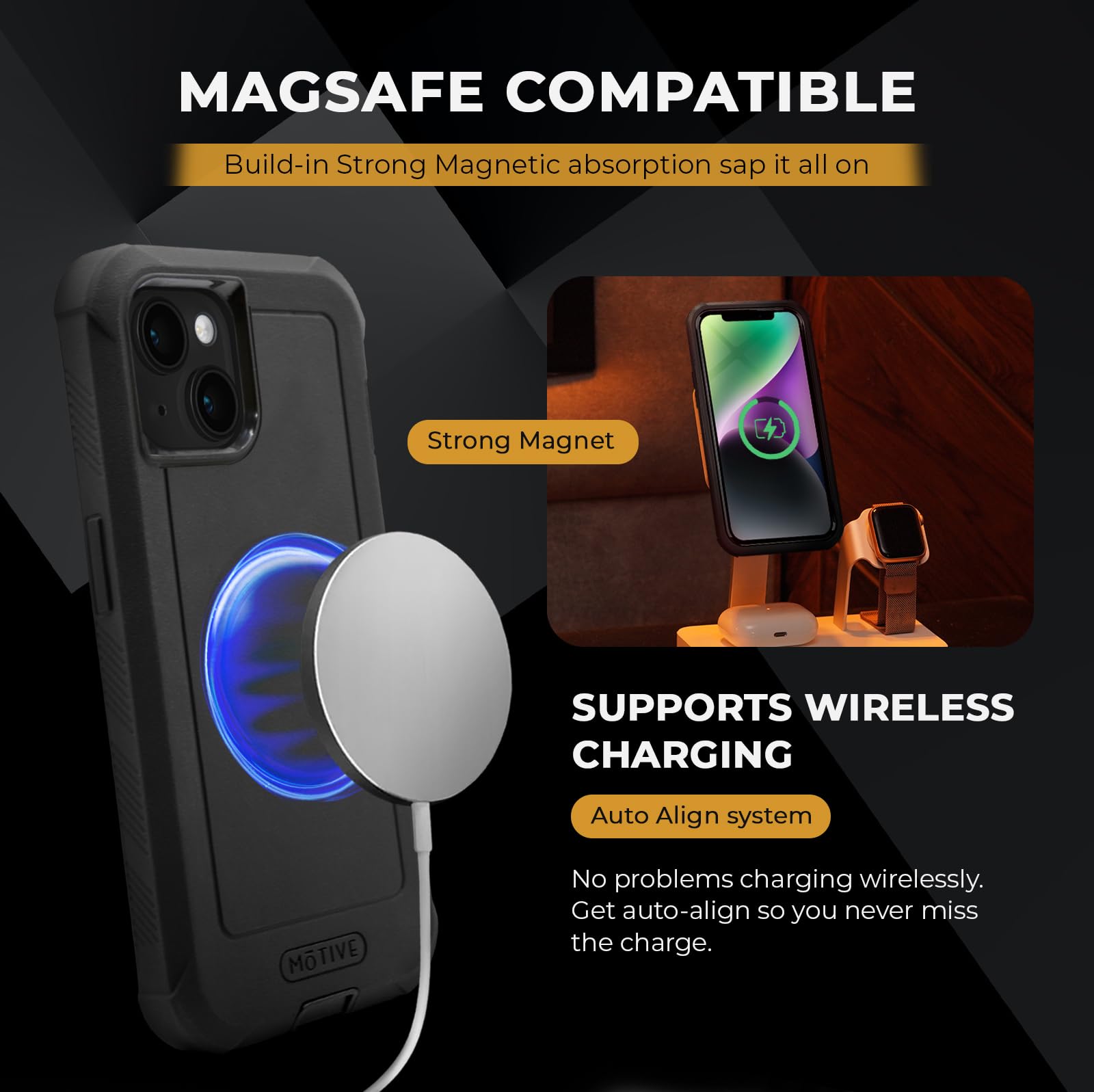 Motive Coque pour iPhone 15 avec Clip Ceinture, Coque magnétique Compatible MagSafe, Robuste et Protection de qualité Militaire à Quatre Couches pour iPhone 15, 6,1 Pouces, Noir