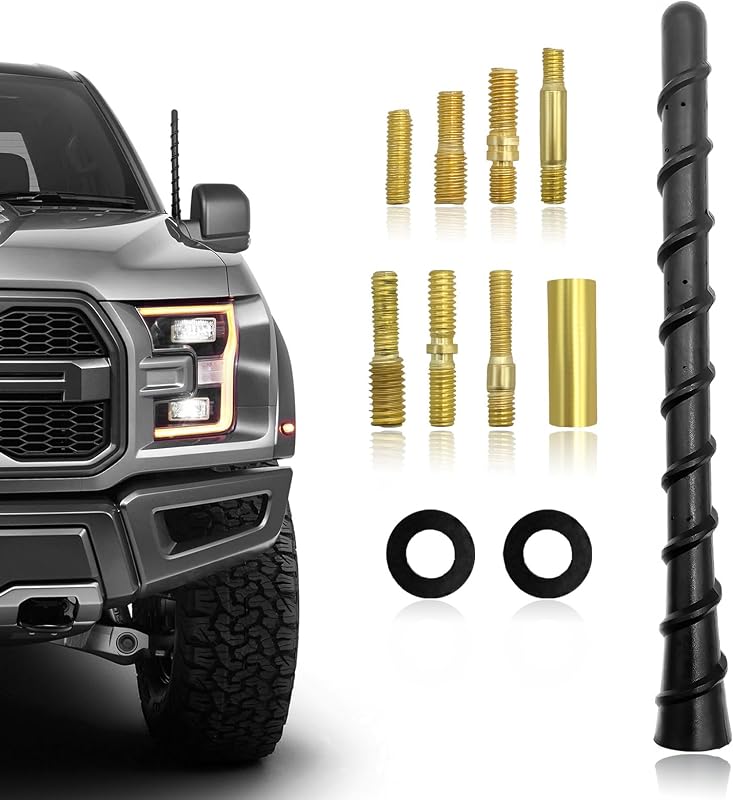 Car Spiral Antenna, 7 Inch Flexible Rubber Antenna Mast with Threaded Adapters, Waterproof Roof Mount Vehicle Antennae Replacement for Optimized FM/AM Reception, Car Accessories