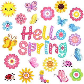 Whaline 24Pcs Hello Spring Refrigerator Magnet Floral Sun Butterfly Fridge Magnetic Sticker Colorful Daisy Flower Insect Garage Magnet for Locker Metal Door Car Decor