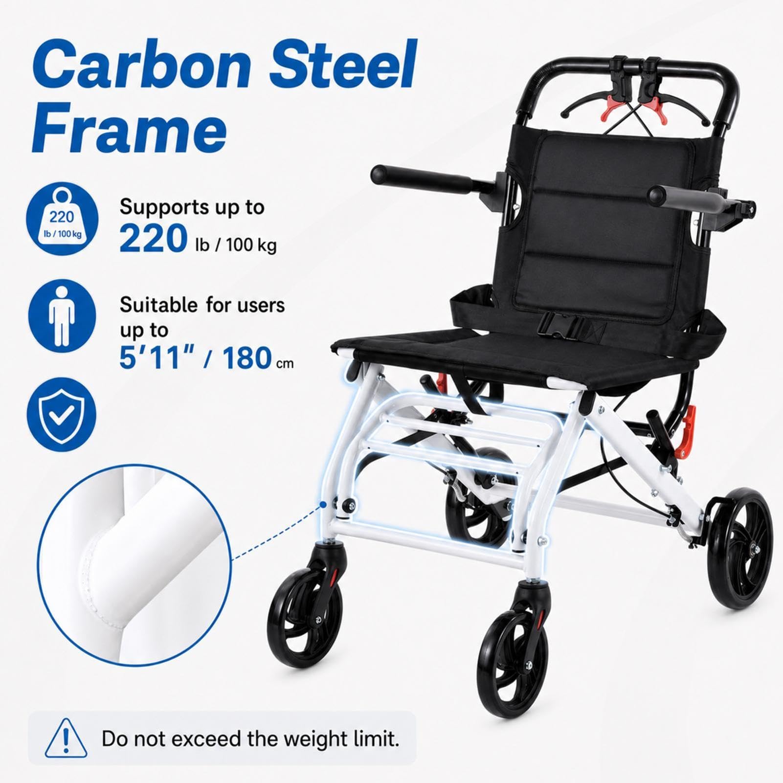 Silla de ruedas plegable ligera de 8,2 kg – Silla de ruedas de transporte para adultos y personas mayores, silla de ruedas ultraligera con freno de mano, capacidad de carga de 100 kg, práctica para