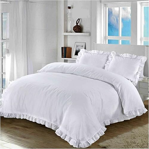 DIGITALSPOT Juego de funda de edredón con volantes y fundas de almohada de polialgodón, fundas de edredón suaves y cómodas, color blanco, doble