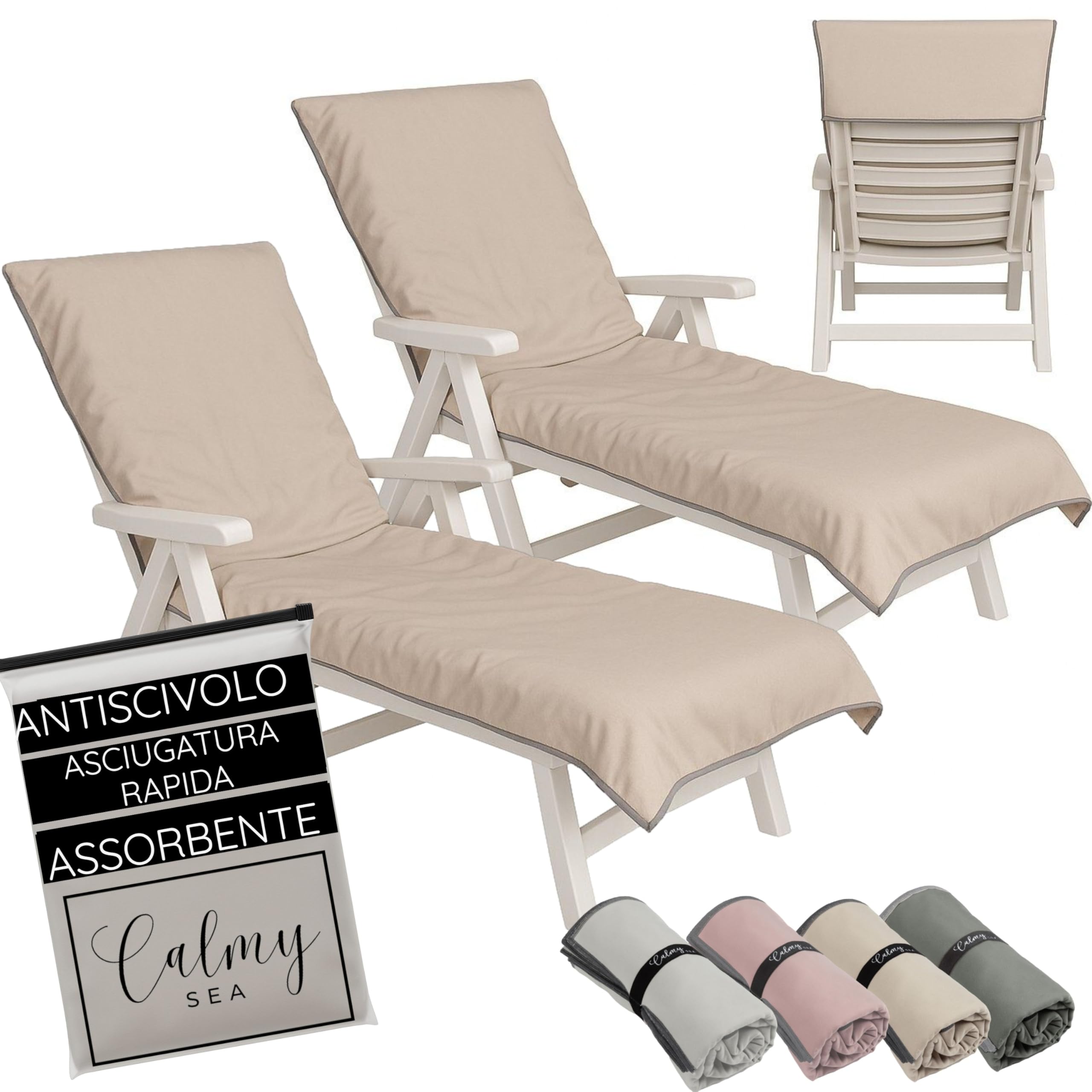 Set di 2 asciugamani per sdraio - 200 x 75 cm - Con cappuccio - In microfibra - Peso leggero - Per sdraio da giardino - Con fodera - Copridivano da spiaggia (beige, 2)