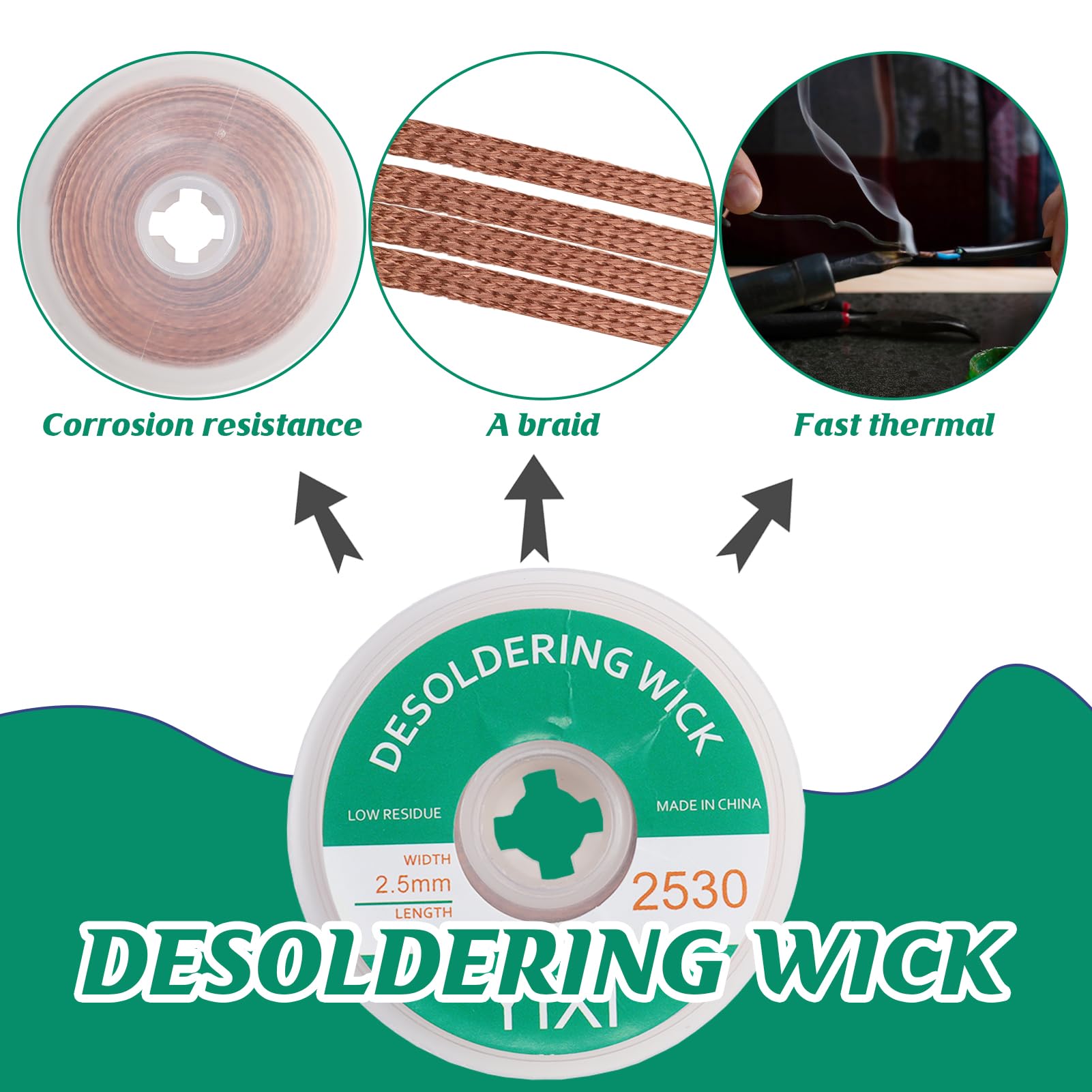 Filo Dissaldante a Treccia,1,5 m x 2,5 mm larghezza Treccia di Stoppino per Saldare,Rimuovere la Saldatura,Filo Dissaldante in Rame per Smontare il Saldare dei Componenti Elettrici