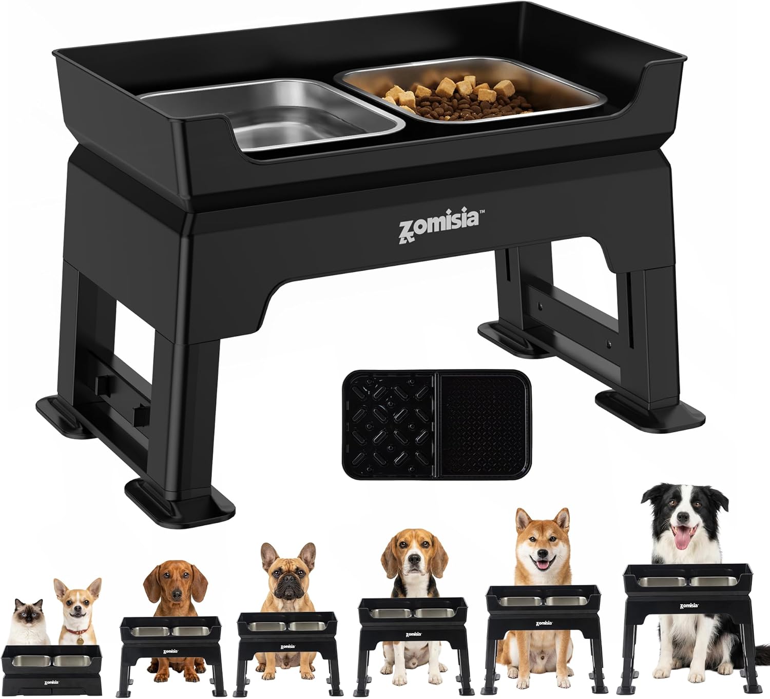 ZOMISIA 3-in-1 Raised Dog Bowl - 6 Height Adjustable Elevated Dog Bowls Stand, Double Deck Design Mess Proof, Feeding Station with 2 Stainless Steel Bowls & Licking Plate for Small Medium Large Pets