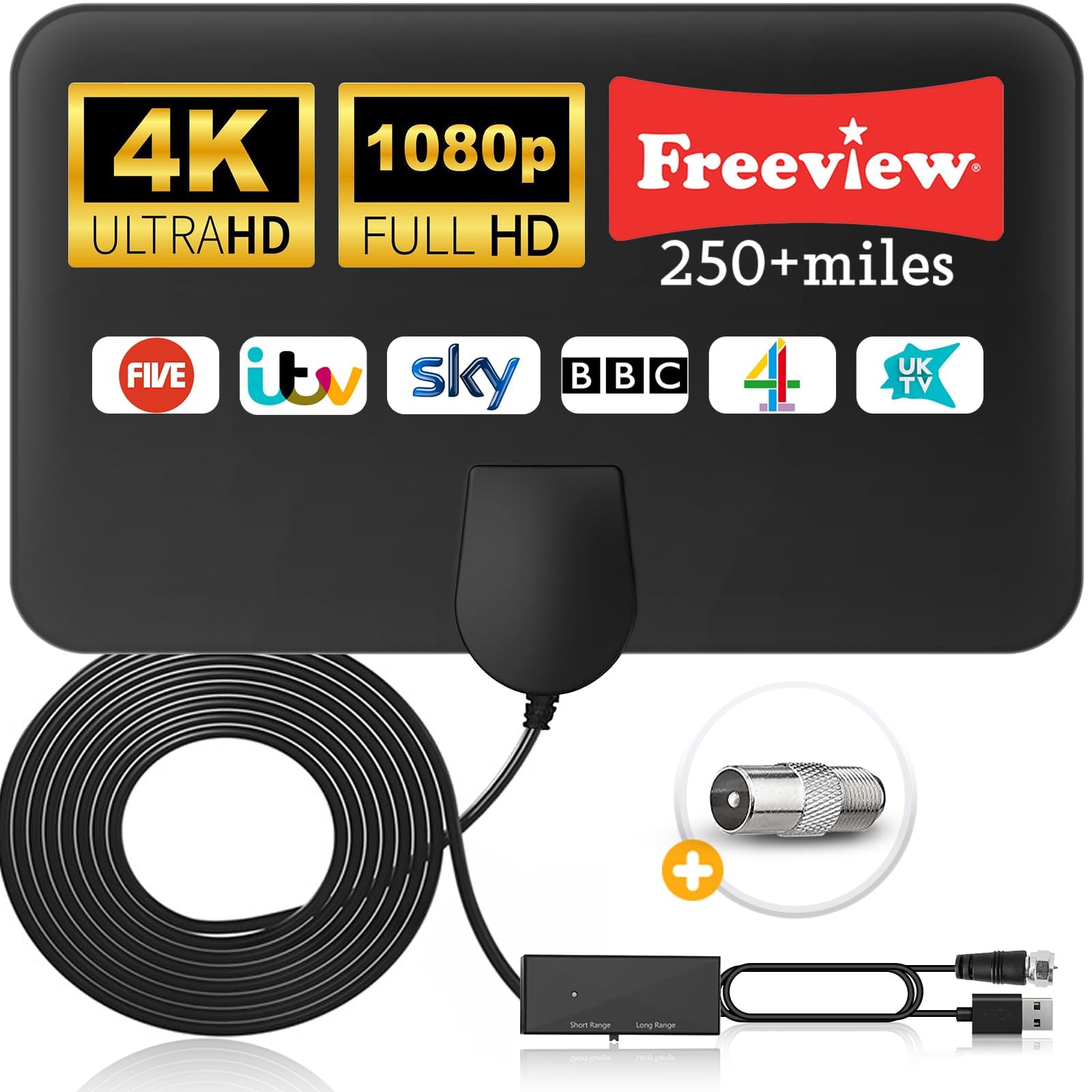 TV Aerial Indoor-Amplified Smart Digital 4K 1080p TV Aerial 250+ Miles Long Range - Support All Older TV's with Amplifier Connector for Freeview Channels