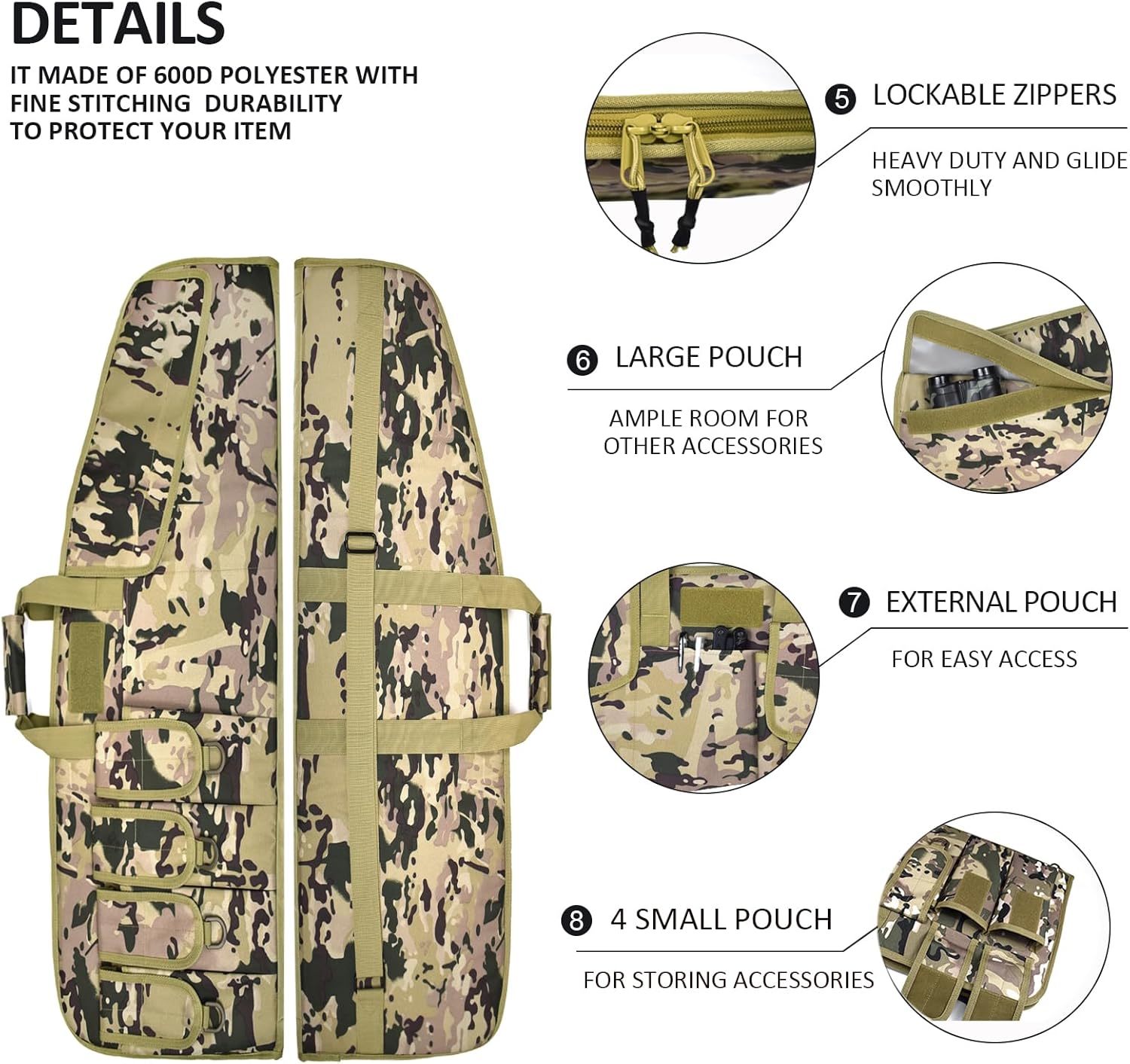 AUMTISC Tactical Rifle Gun Case, Soft Shotgun Carrying Range Bag with 6 Pouches, Fastening Straps Inside, Lockable Zippers, and Shoulder Sling, 36/42 Inch - Image 6