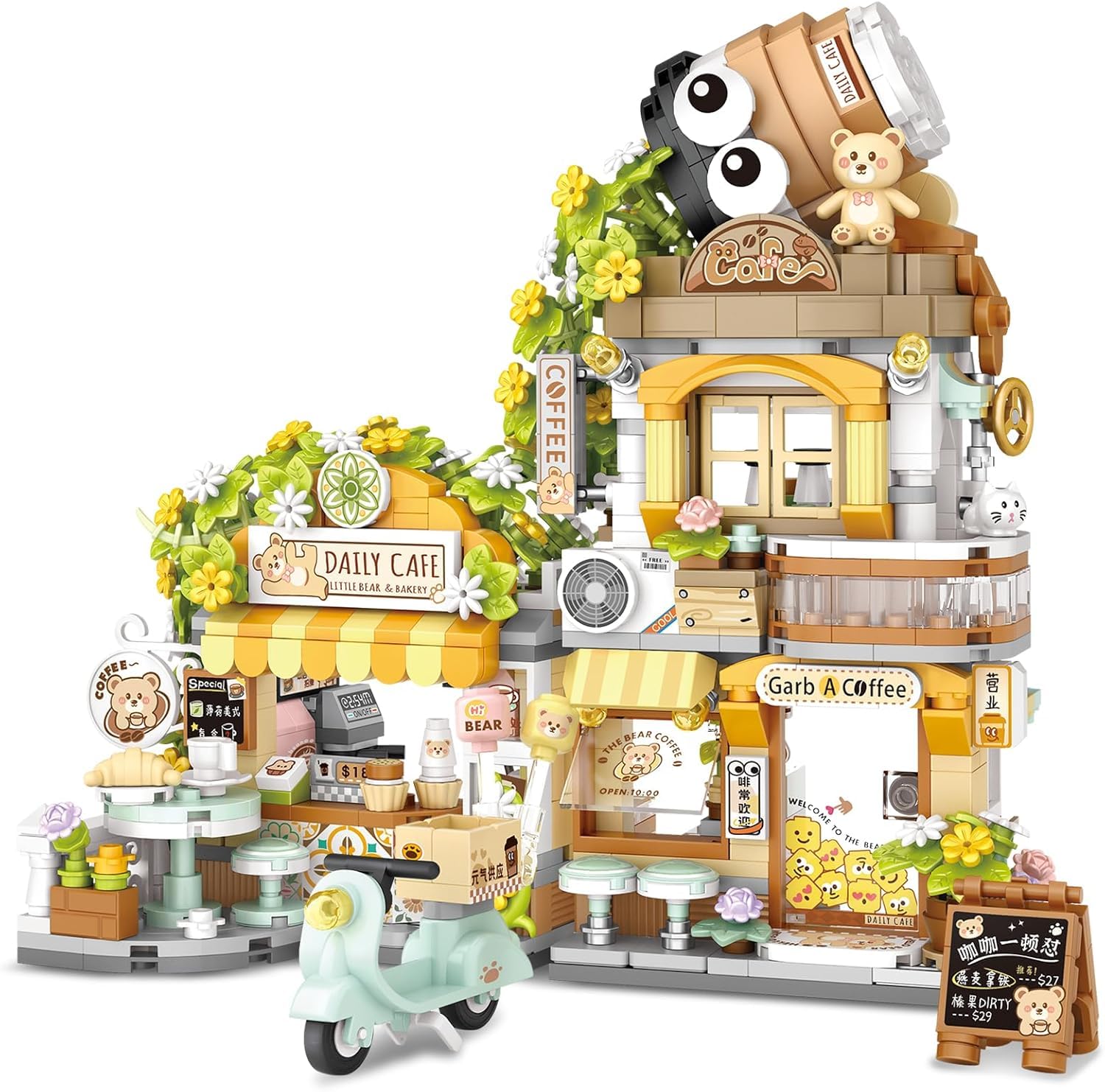 SKY LINE OCEAN Street View Coffee Shop Mini Building Blocks Set, 1077+ PCS Cute Animal Café Architecture Model Kit, Creative MOC Construction Toy for Girls Boys Kids Adults, Gift Idea Ages 6+-image-27