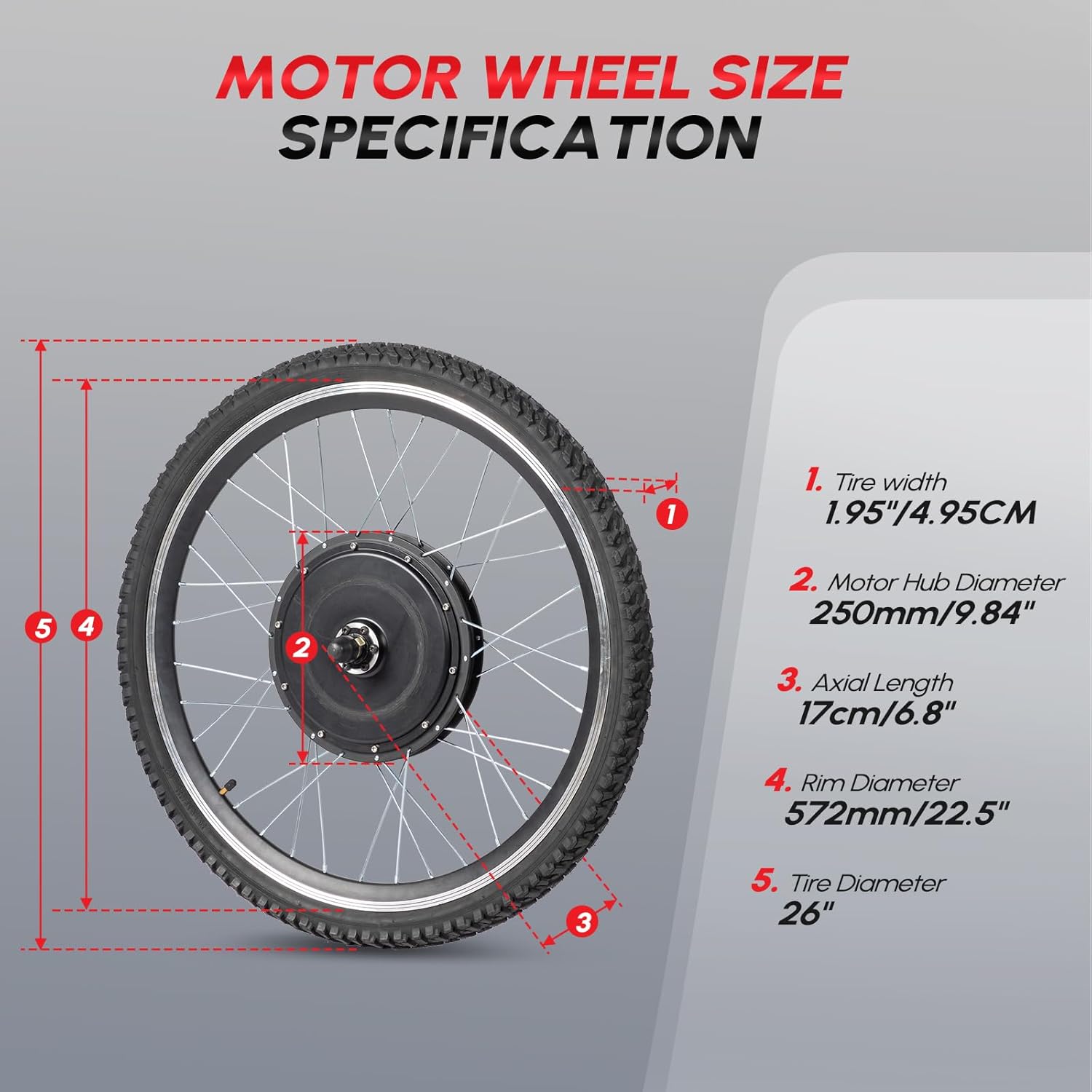 Detailed specifications of the motor wheel size, including tire width, motor hub diameter, axial length, rim diameter, and tire diameter.