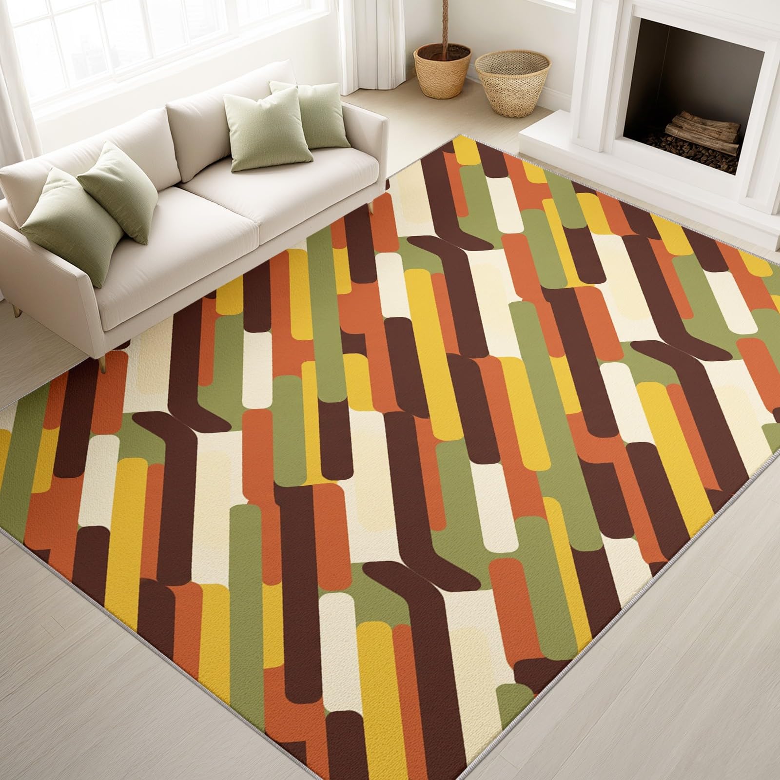 Tappeto lavabile per soggiorno, 140 x 200 cm, soffice per camera da letto, antiscivolo, a pelo basso, morbido, vintage, moderno, motivo geometrico per salotto